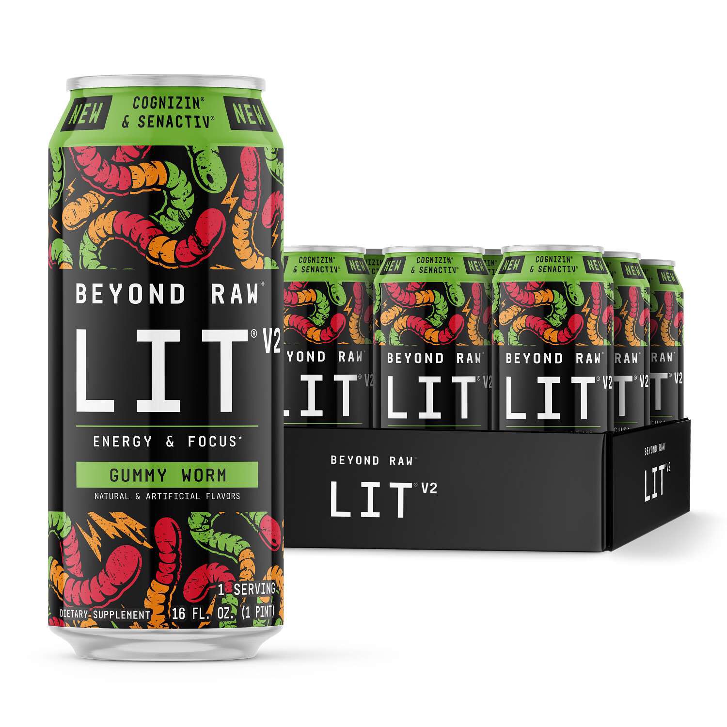 LIT&reg; V2 On-The-Go Pre-Workout - Gummy Worm - 16oz. (12 Cans) Gummy Worm | GNC