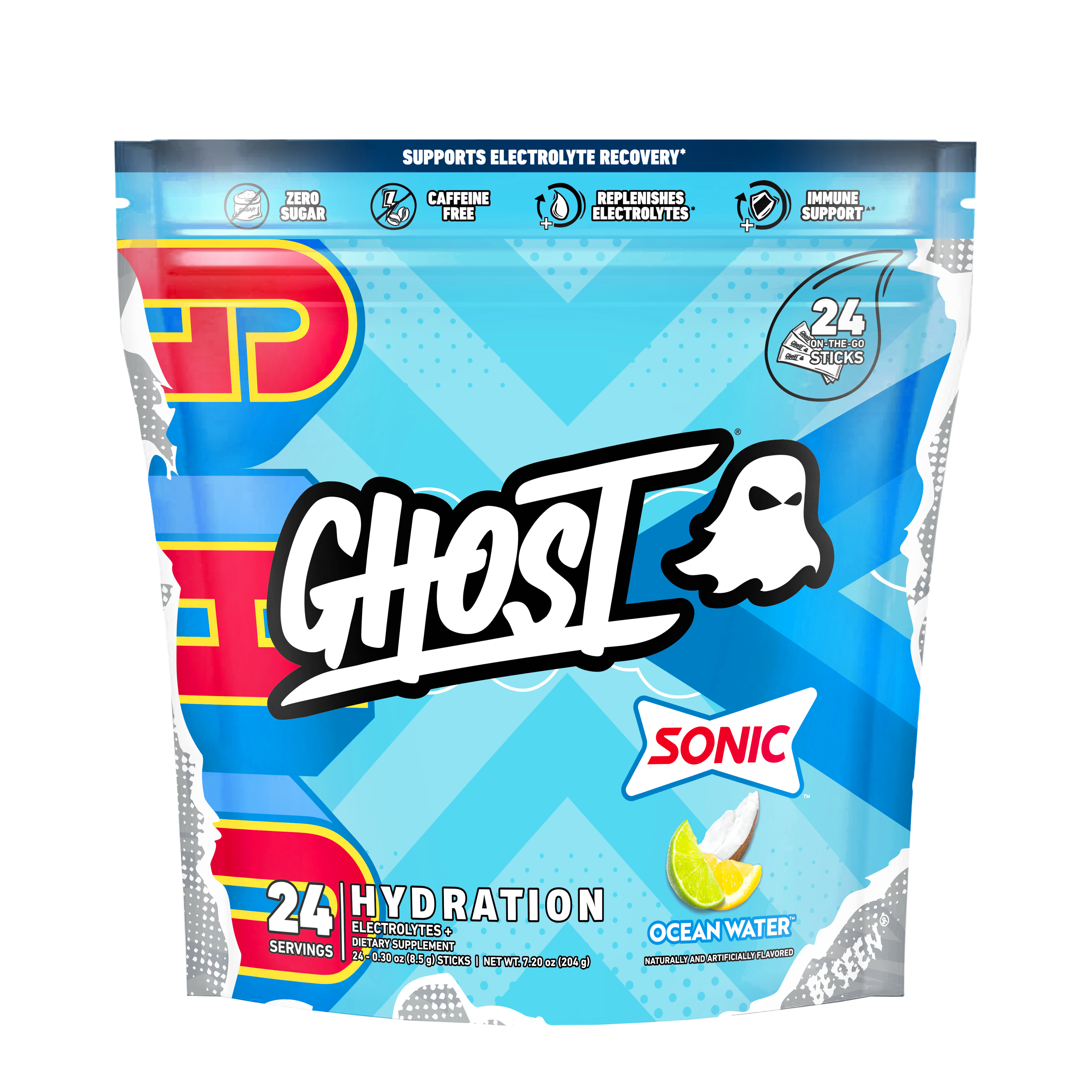 GHOST Hydration Sticks Vitamin C - Sonic Ocean Water (24 Stick Packs) Vitamin C - Zero Sugar