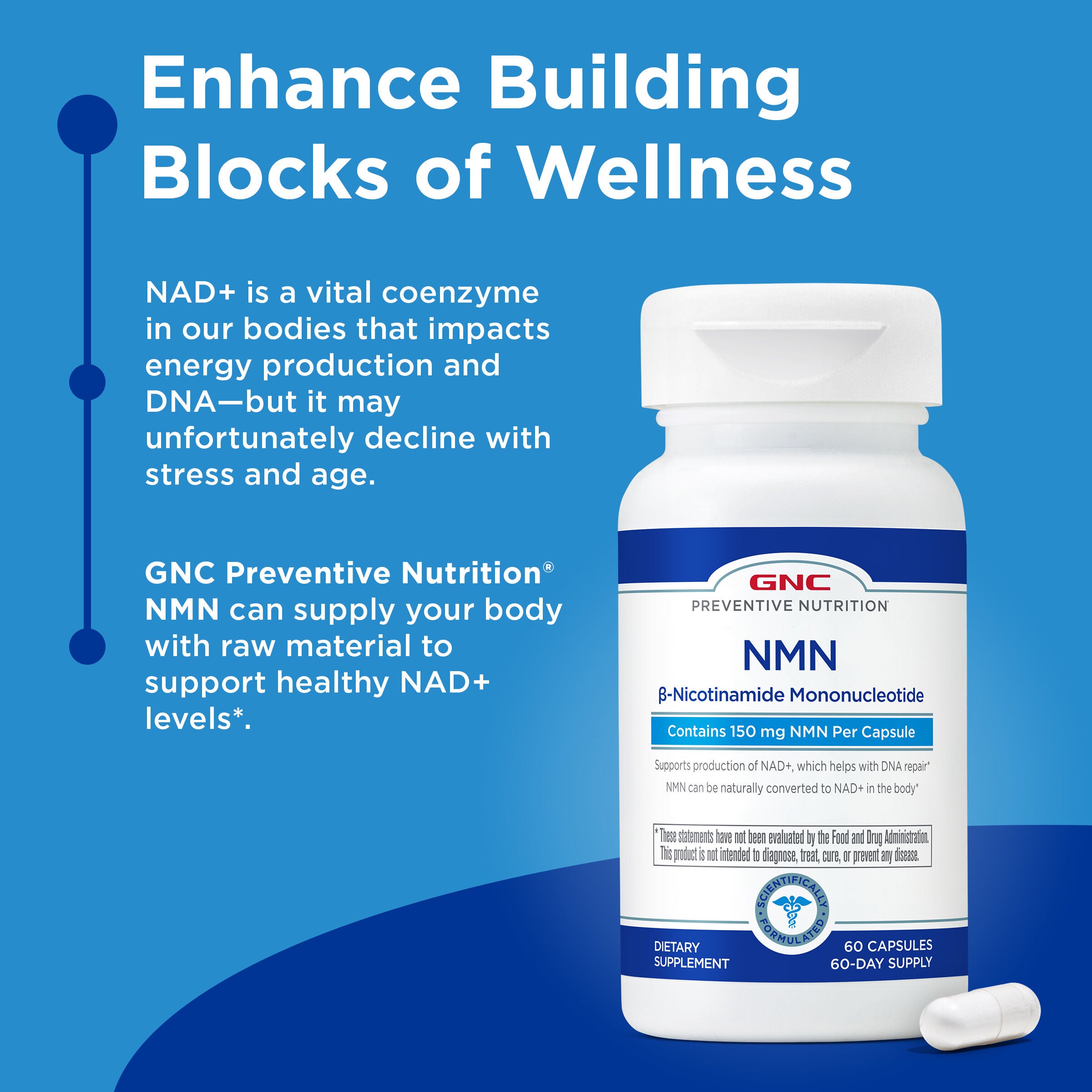 GNC Preventive Nutrition&reg; NMN &ndash; NAD+ Support Capsules - 60 Capsules (60 Servings)  | GNC