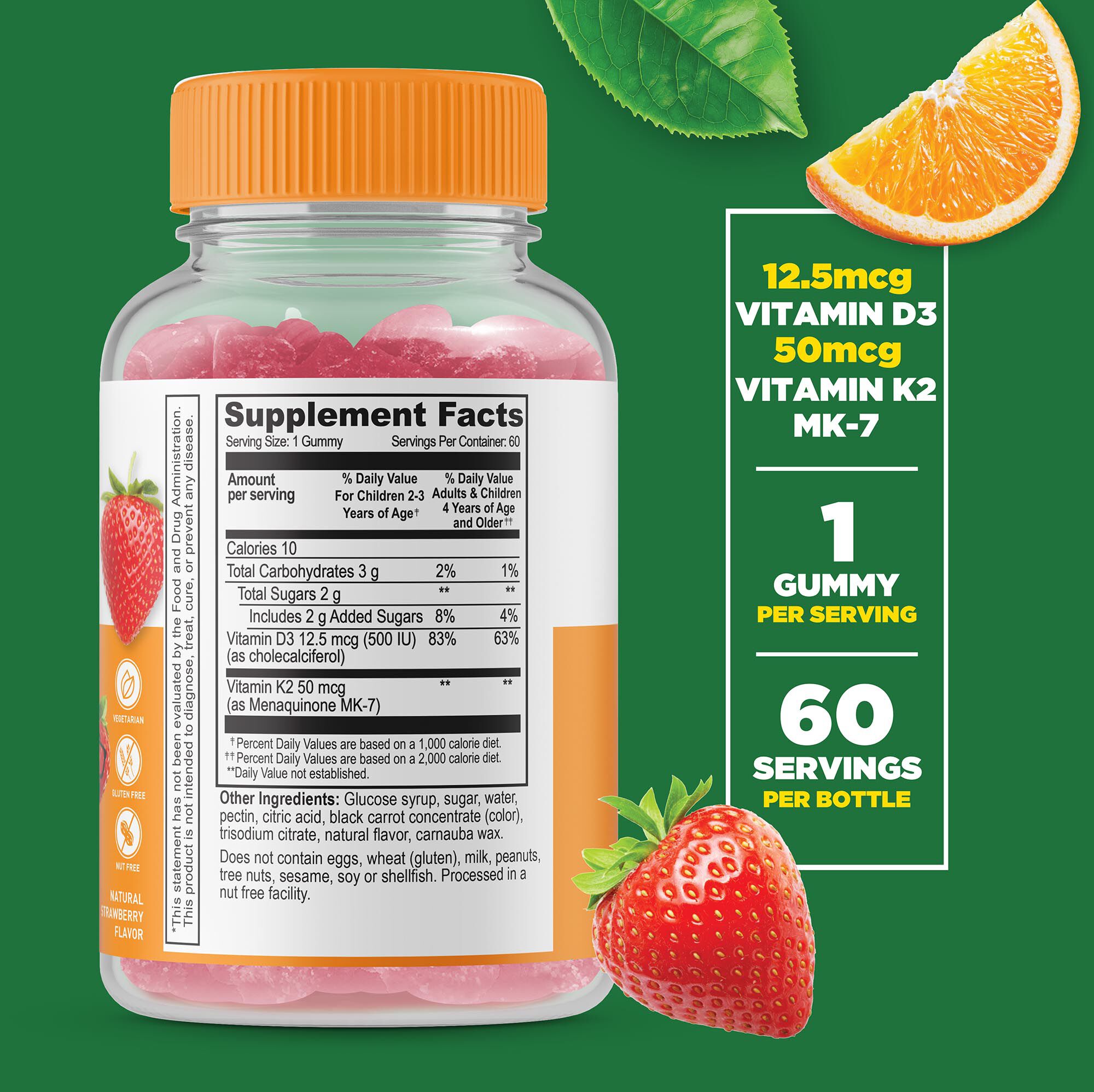 Vitamin D3 + K2 Kids Gummies - Strawberry - 60 Gummies (60 Servings)  | GNC