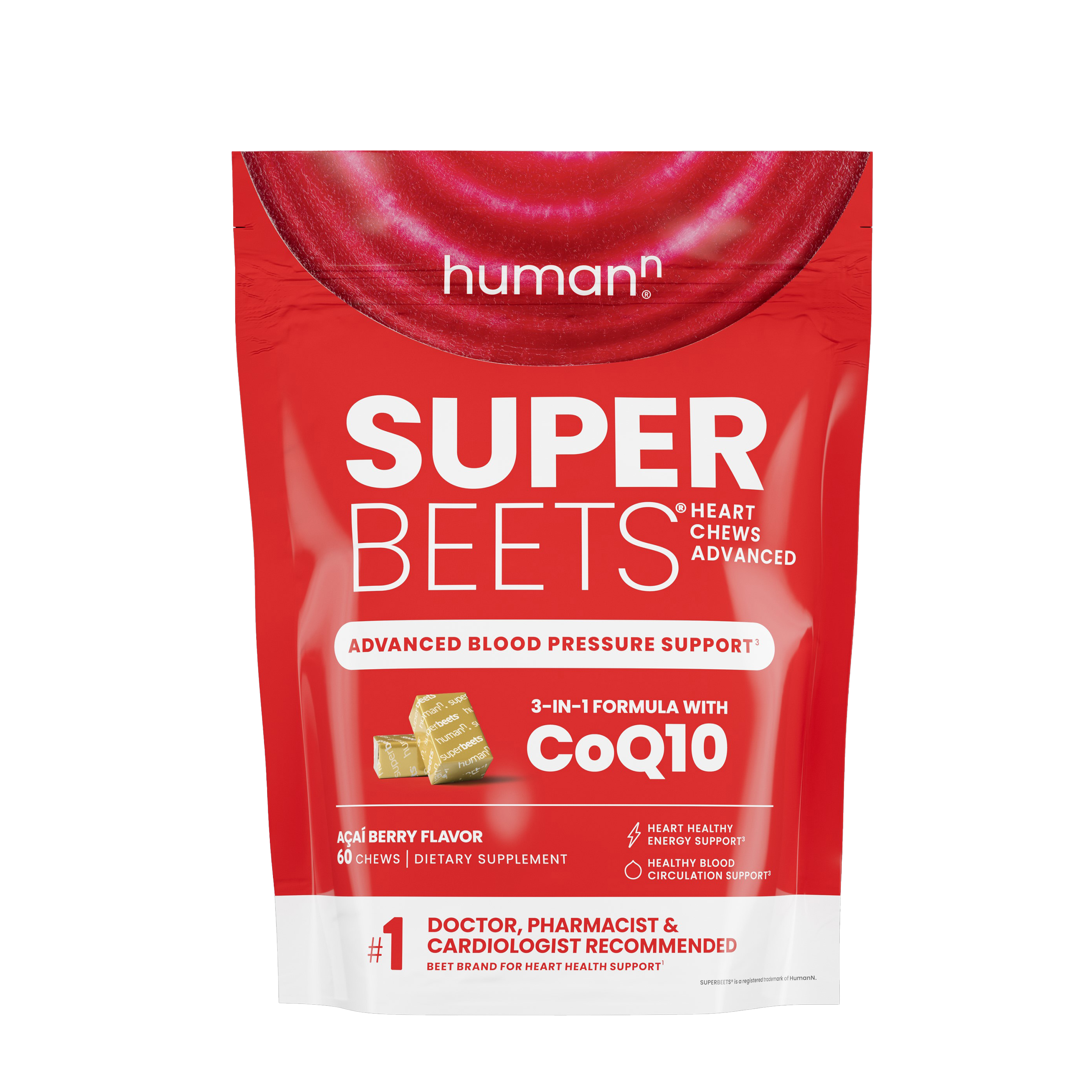 SuperBeets Advanced Heart Chews Blood Pressure Support - Acai Berry - 60 Chews (30 Servings)  | GNC