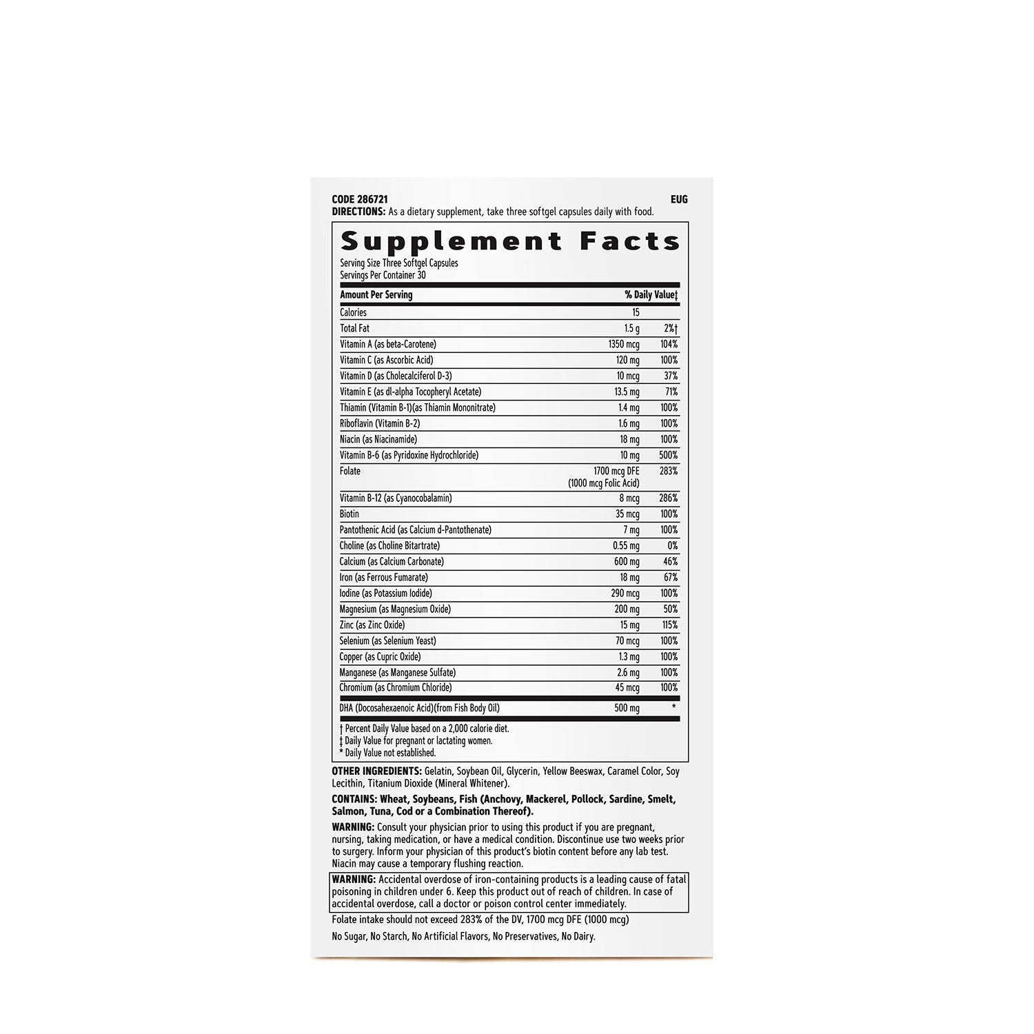 GNC Womens Prenatal Multivitamin with DHA and Iron Supplement Facts