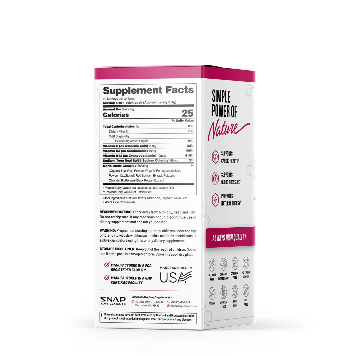 Snap Supplements Nitrox oxide Stick Packets Supplement Facts