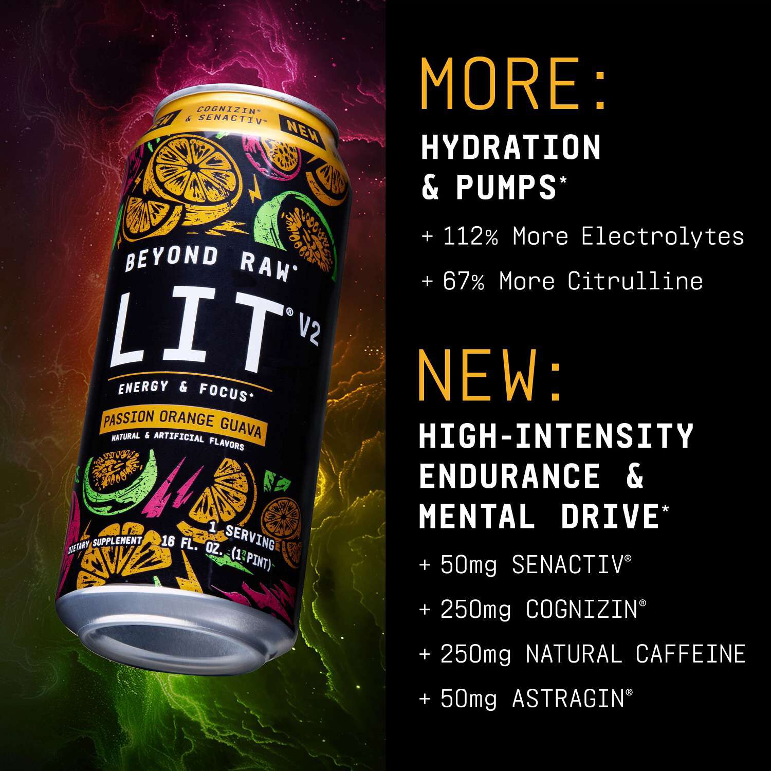 LIT&reg; V2 On-The-Go Pre-Workout - Passion Orange Guava - 16oz. (12 Cans) Passion Orange Guava | GNC