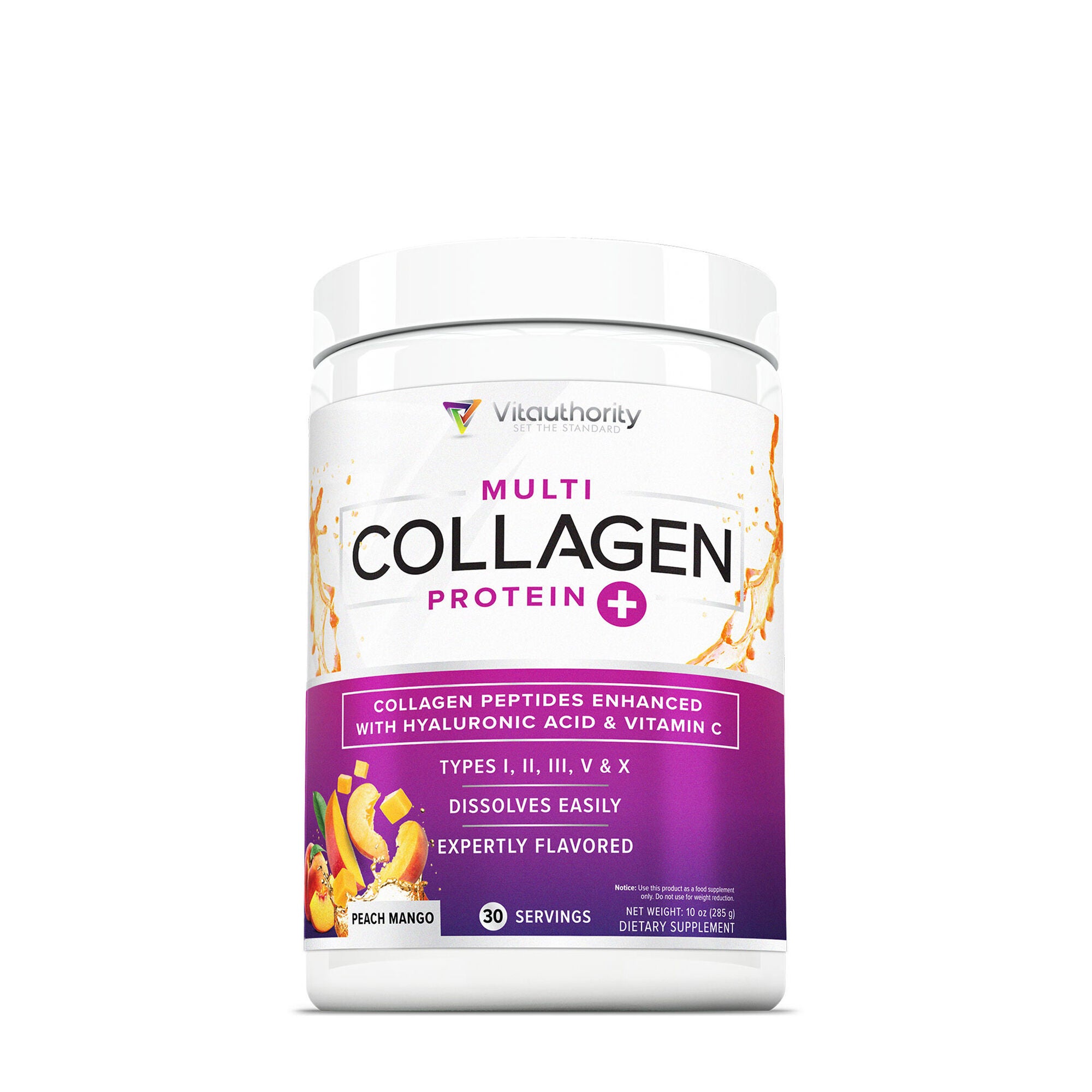 Vitauthority Multi Collagen Protein Powder Vitamin C - Peach Mango 10 Oz. (30 Servings)