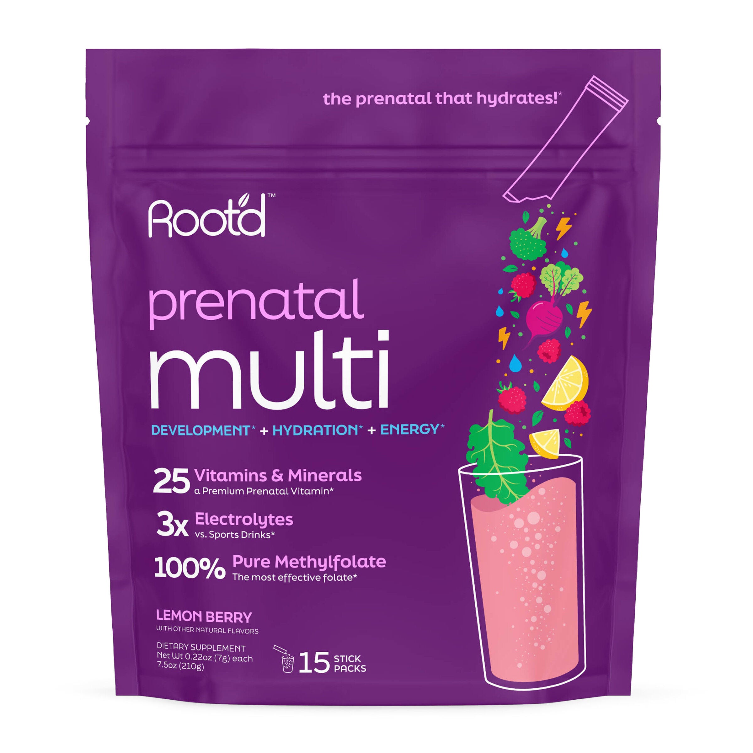 Root'd Prenatal Multi - Electrolyte Multivitamin Drink Mix - 15 Packets (15 Servings)