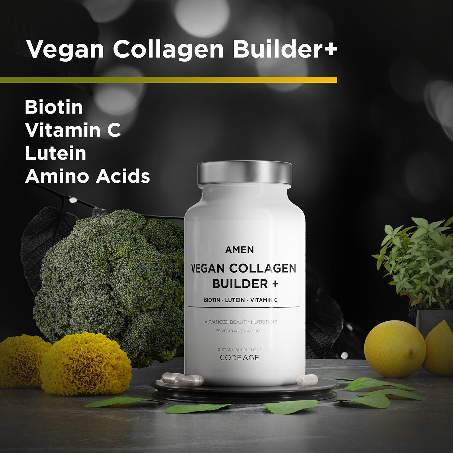 Amen Vegan Collagen Builder + Biotin and Vitamin C - 30 Tablets (30 Servings)  | GNC