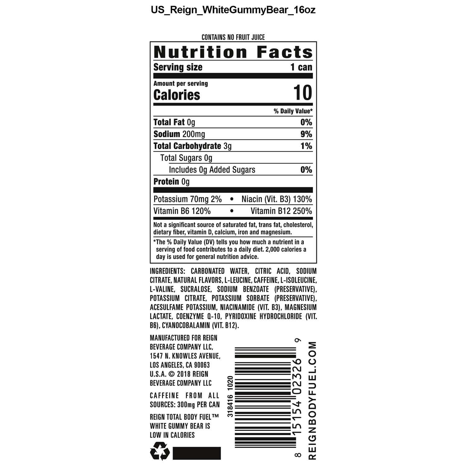 Reign energy drink nutrition label