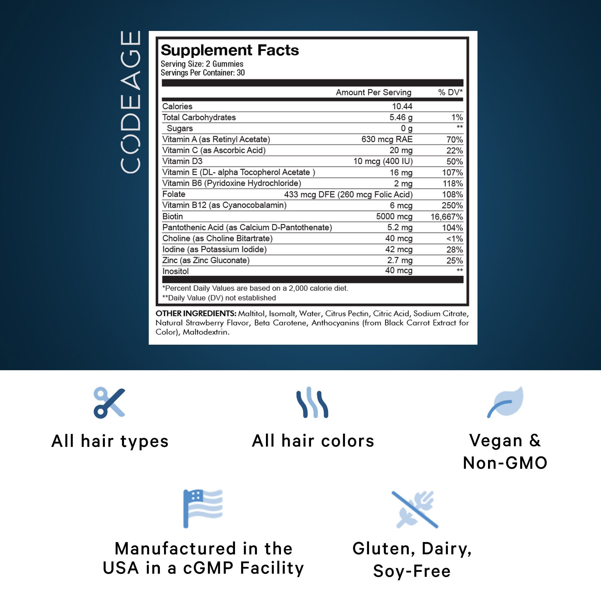 Hair Gummies - Sugarfree Daily Multivitamins - Biotin &amp; Zinc - 60 Gummies (30 Servings)  | GNC