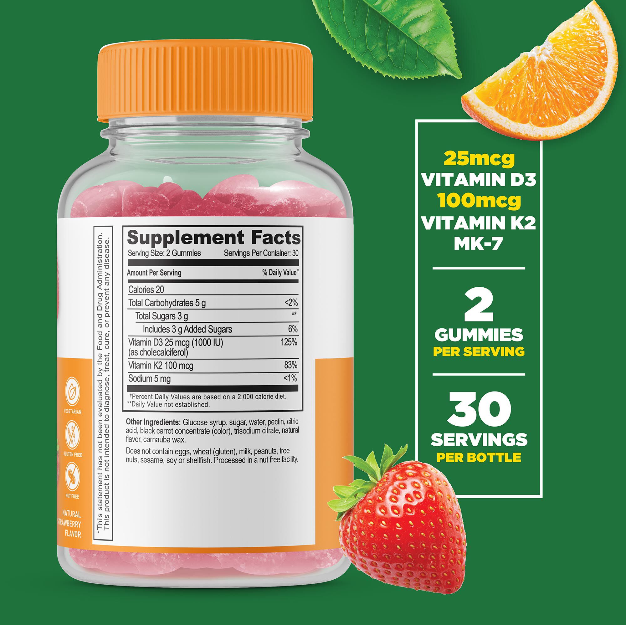 Vitamin D3 + K2 Gummies - Strawberry - 60 Gummies &#40;30 Servings&#41;  | GNC