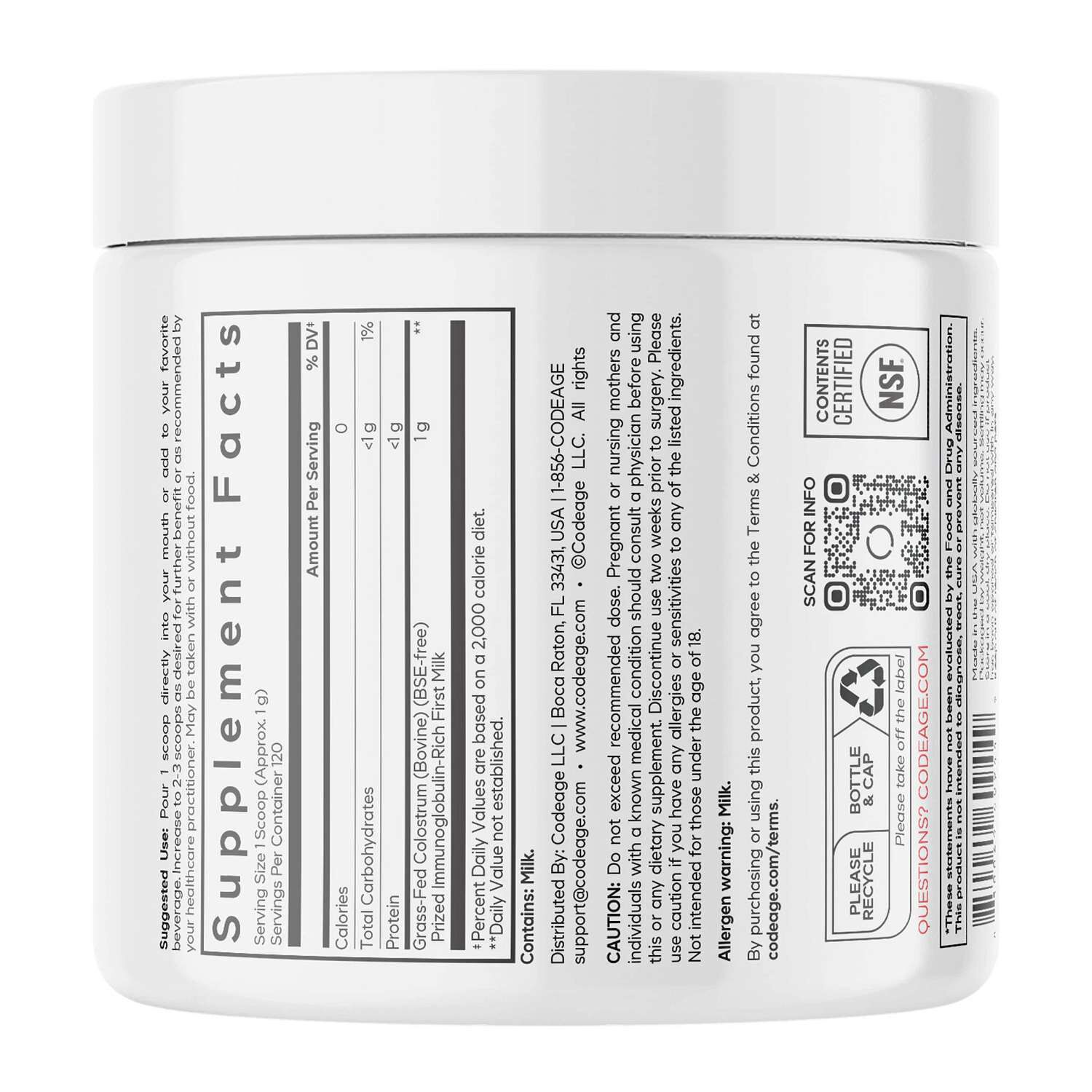 Bovine Colostrum Powder - Unflavored - 4.3 oz. (120 Servings)