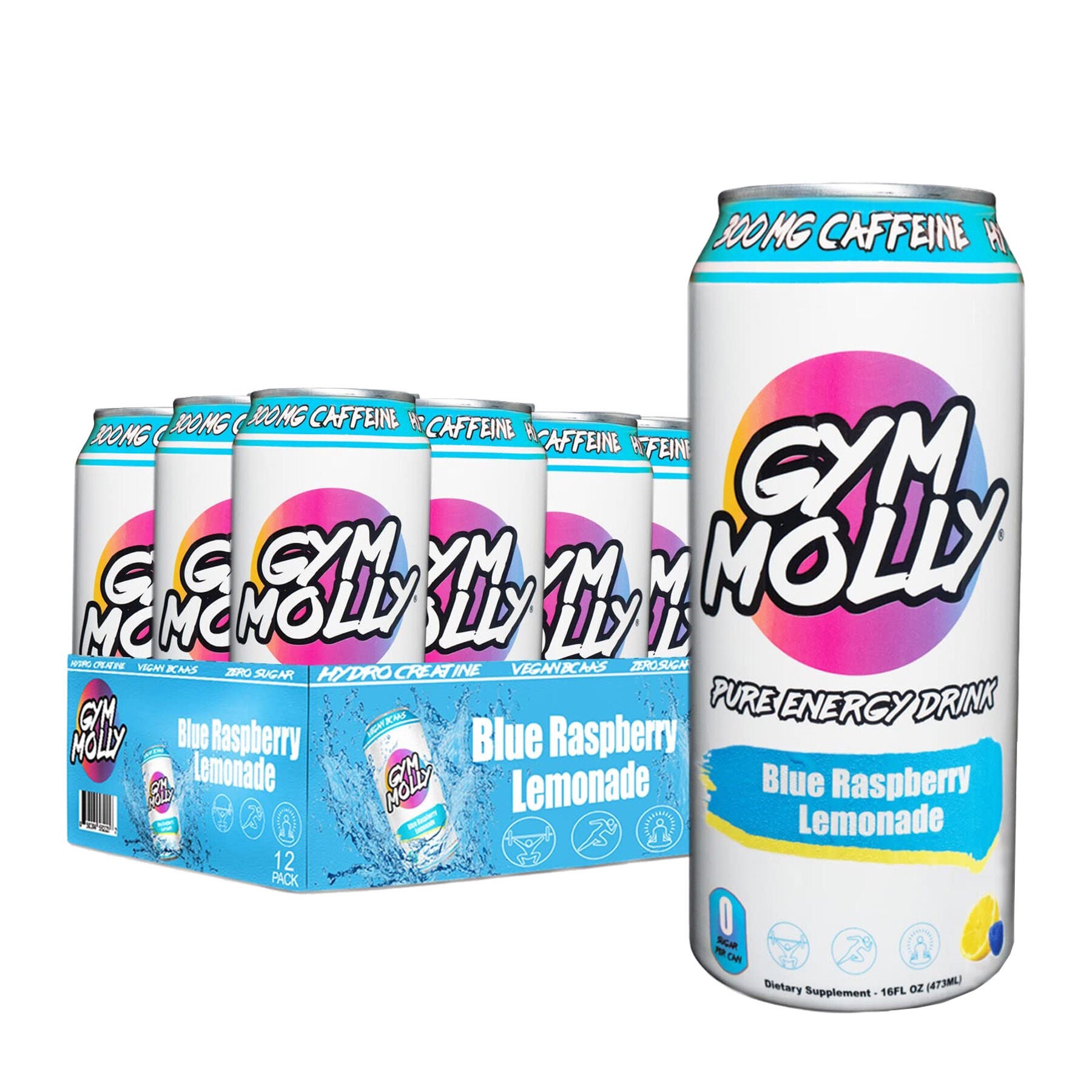 Gym Molly Energy Drink Vegan - Blue Raspberry Lemonade 16Oz. (12 Cans) Zero Sugar