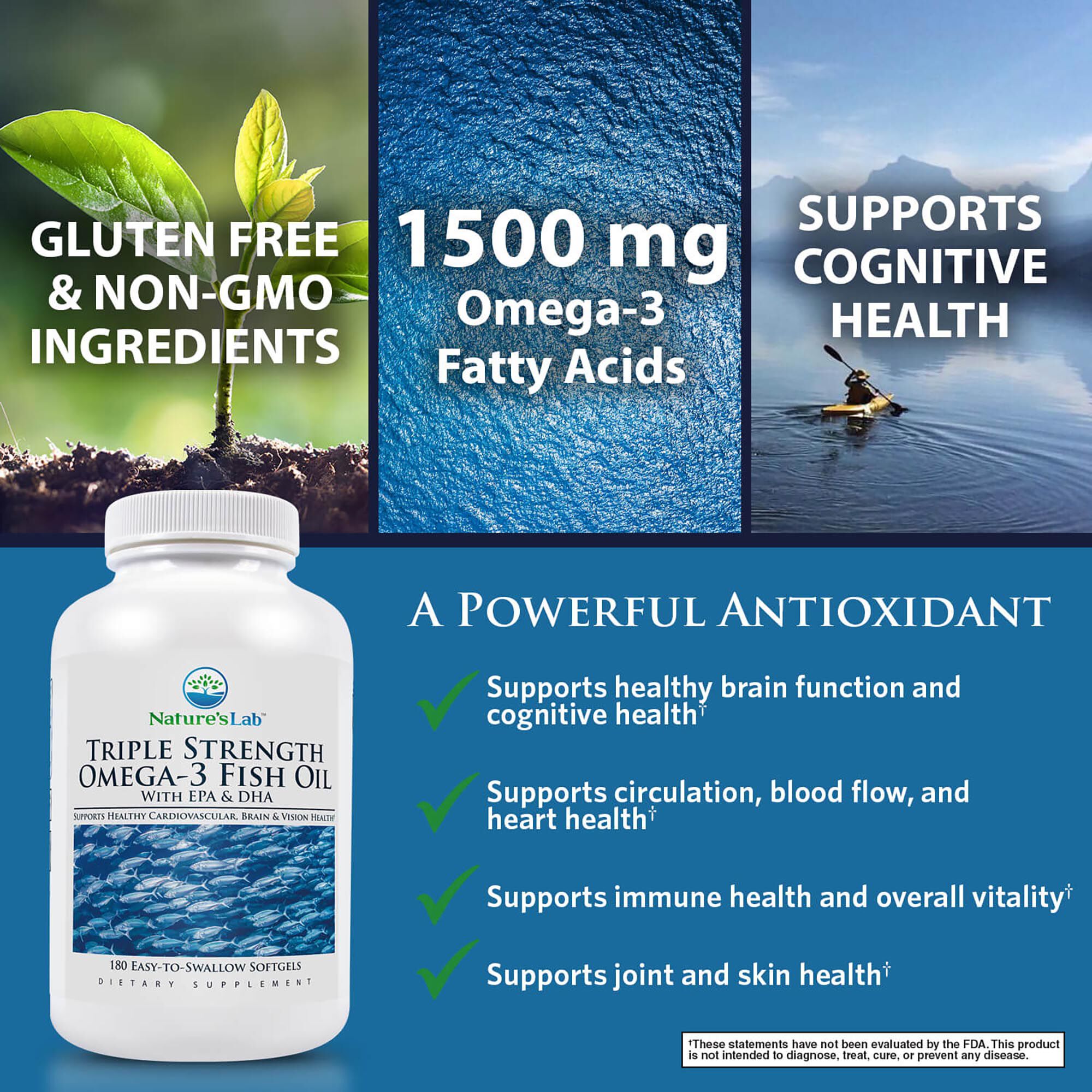 Triple Strength Omega-3 Fish Oil with EPA & DHA - 180 Softgels (90 Servings)