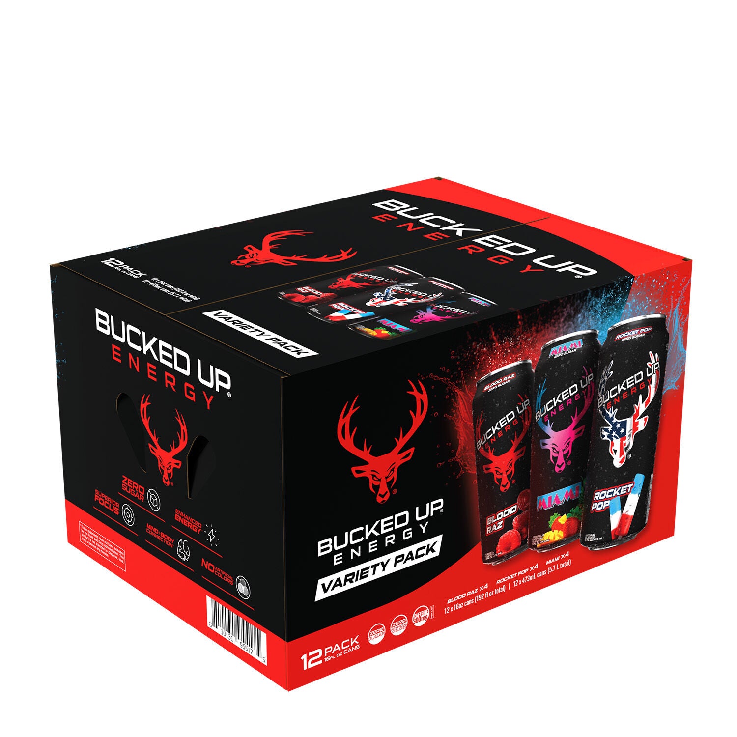 Bucked Up Energy Drink - Variety Pack 16 Fl Oz (12 Cans) Zero Sugar