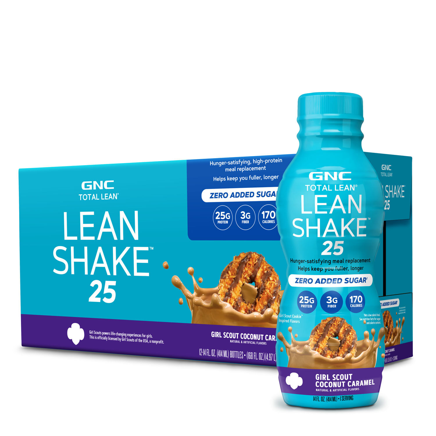 GNC Total Lean | Lean Shake 25, to Go Bottles | Low-Carb Protein Shake to Improve Weight Loss & BMI | Girl Scouts Coconut Caramel | 12 Pack