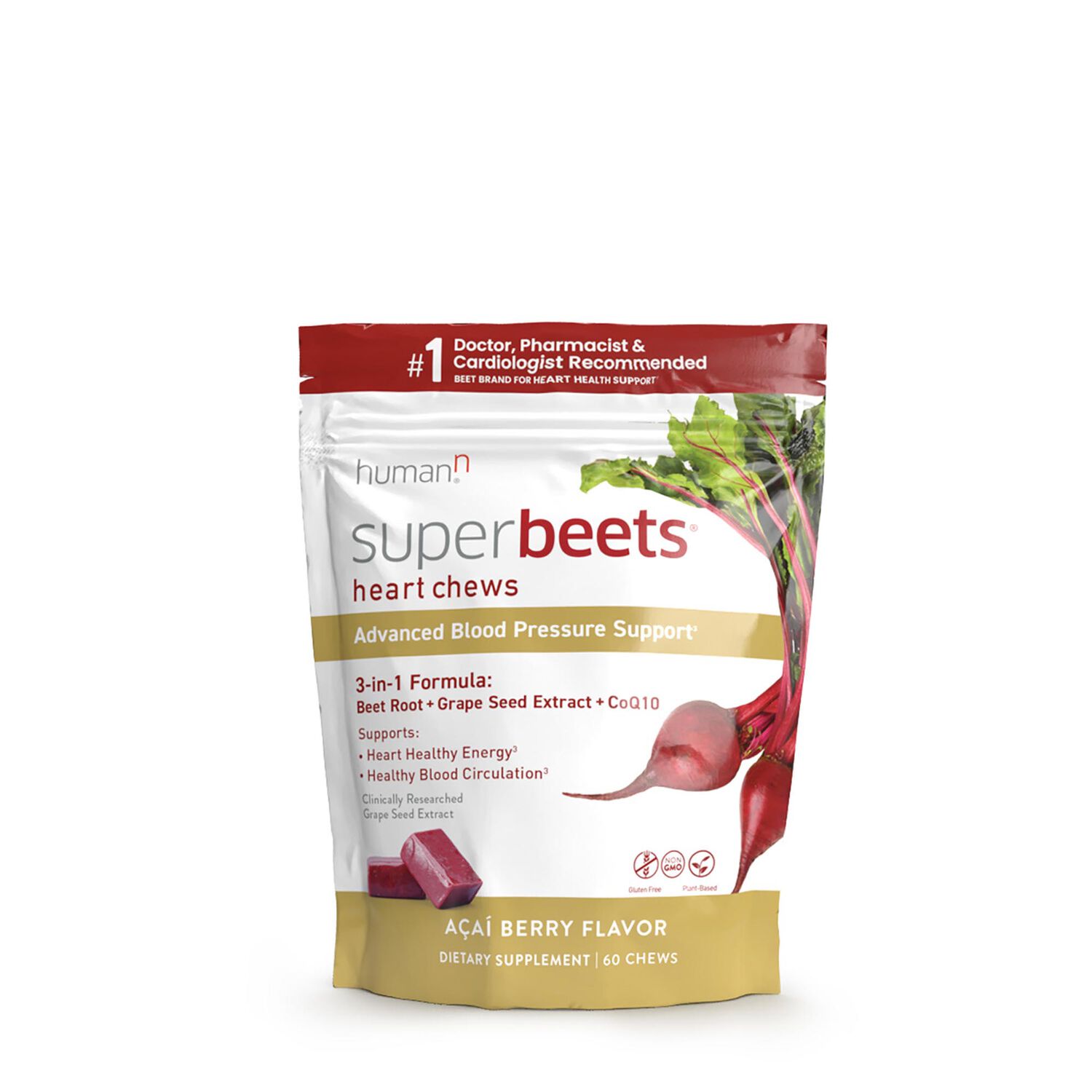HumanN Superbeets Advanced Heart Chews Blood Pressure Support Healthy - Acai Berry Healthy - 60 Chews (30 Servings)