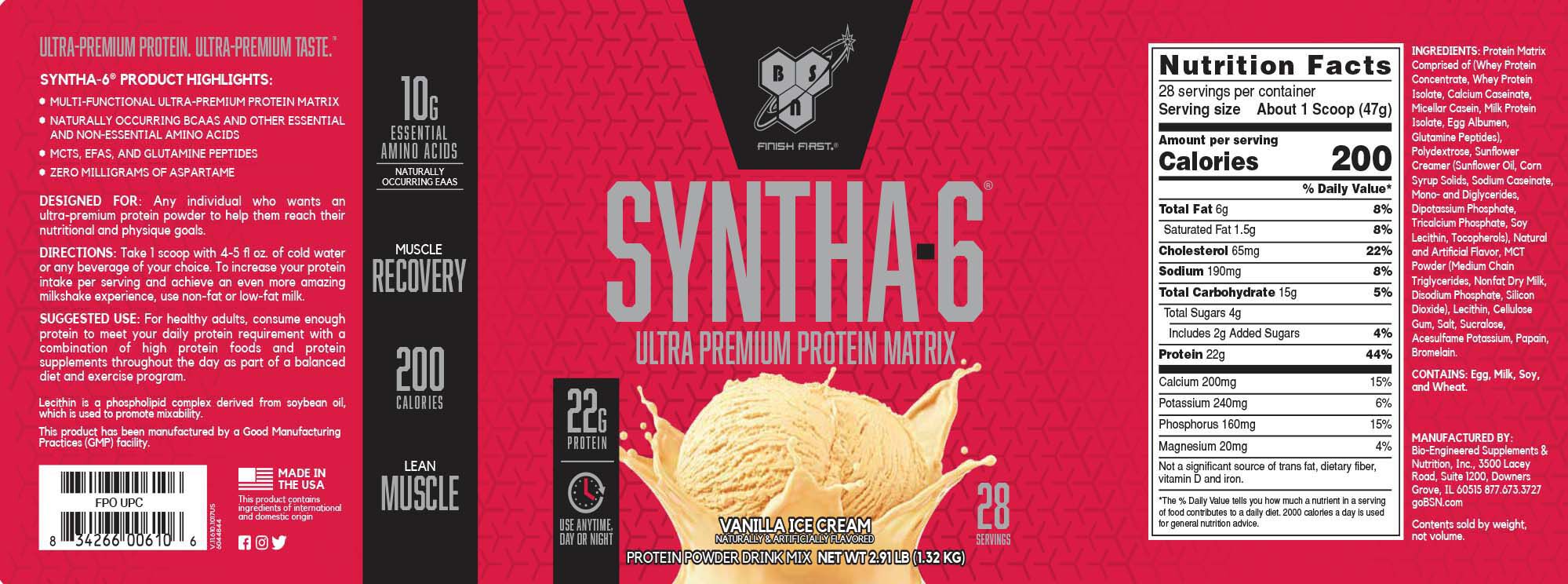 Bsn Syntha 6 Ultra Premium Protein Matrix Vanilla Ice Cream Gnc