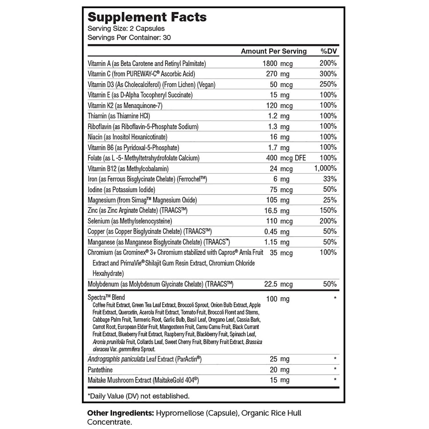 Zahler Immune Multi Vitamin Supplement Facts