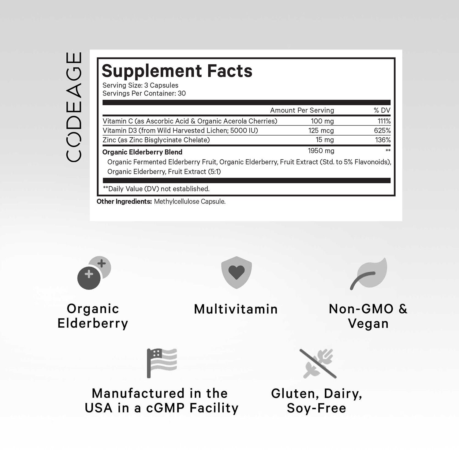 Elderberry Immune Complex - Daily Vitamin C Vegan D3 &amp; Zinc Supplement - 90 Capsules (30 Servings)  | GNC