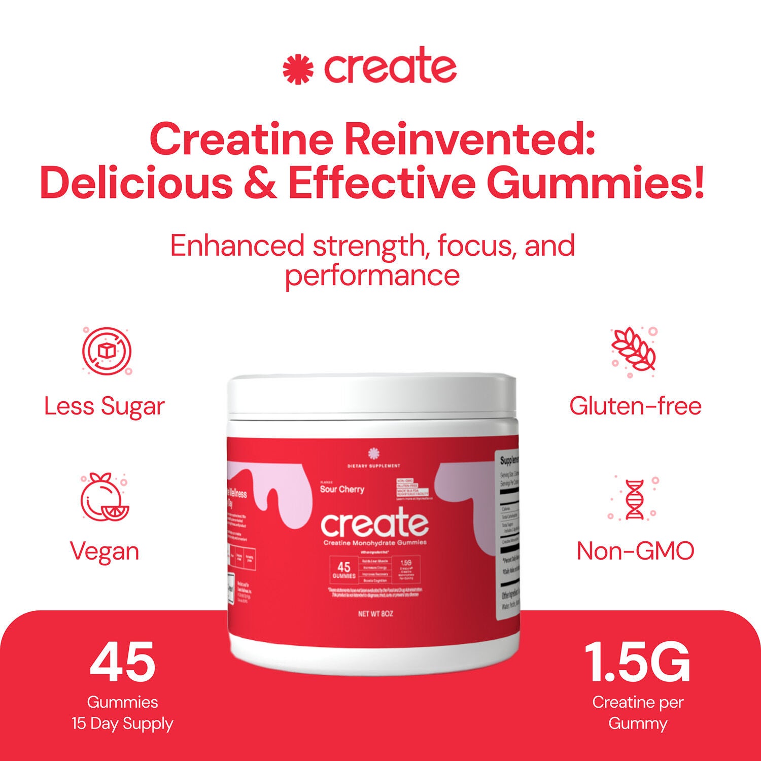 Create Wellness - Creatine Monohydrate Gummies - Sour Cherry - 45