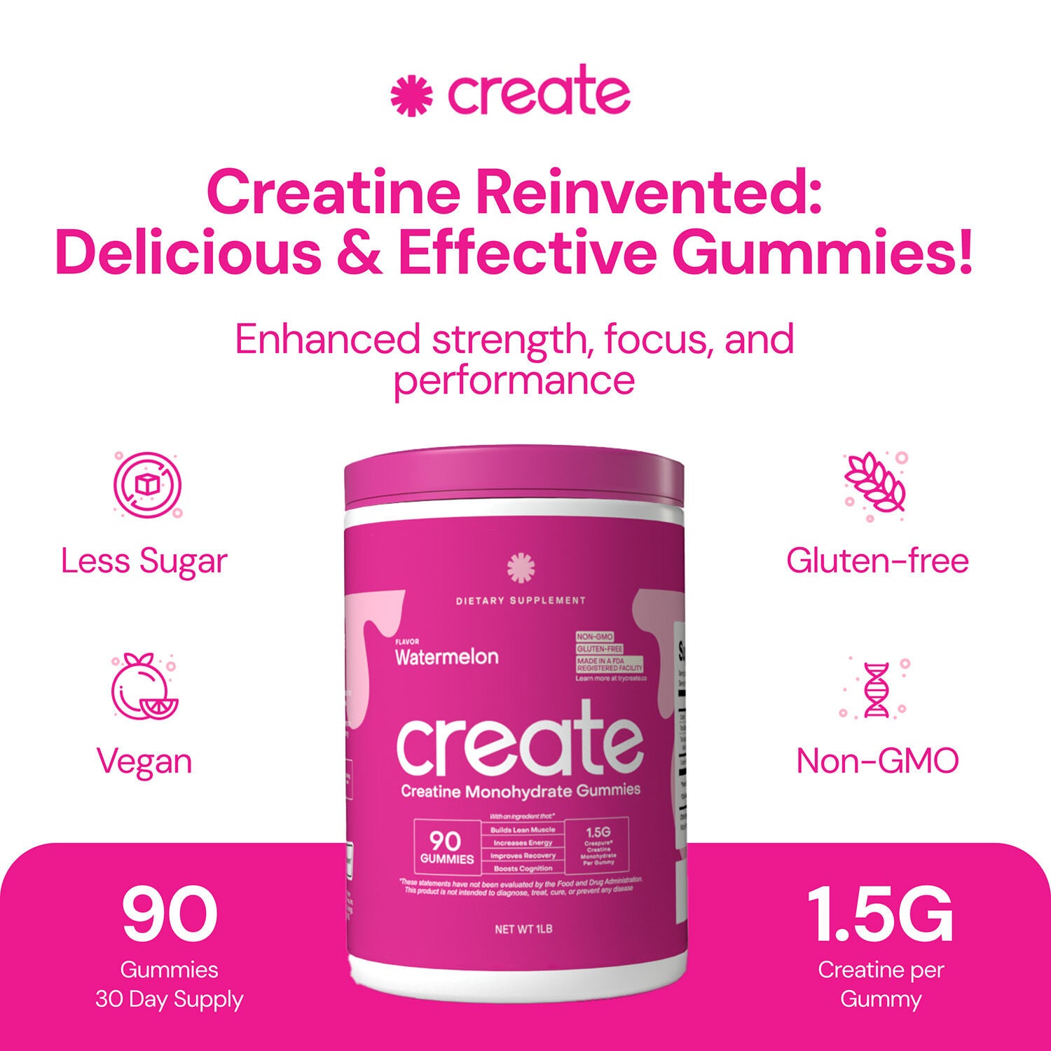 Creatine Monohydrate Gummies - Watermelon - 90 Gummies (30 Servings)