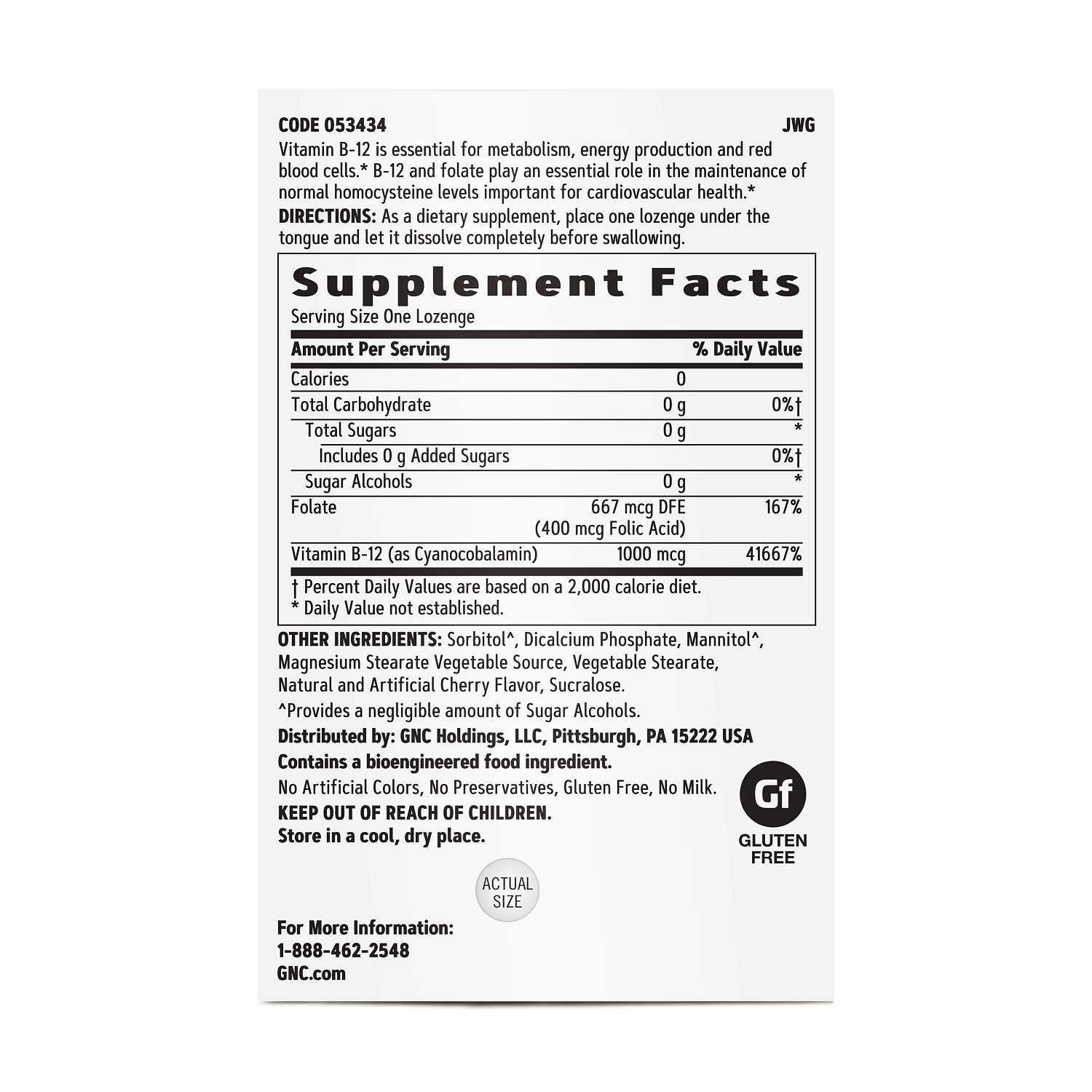 Vitamin B-12 1000 mcg Lozenges - Cherry - 120 Lozenges (120 Servings)  | GNC