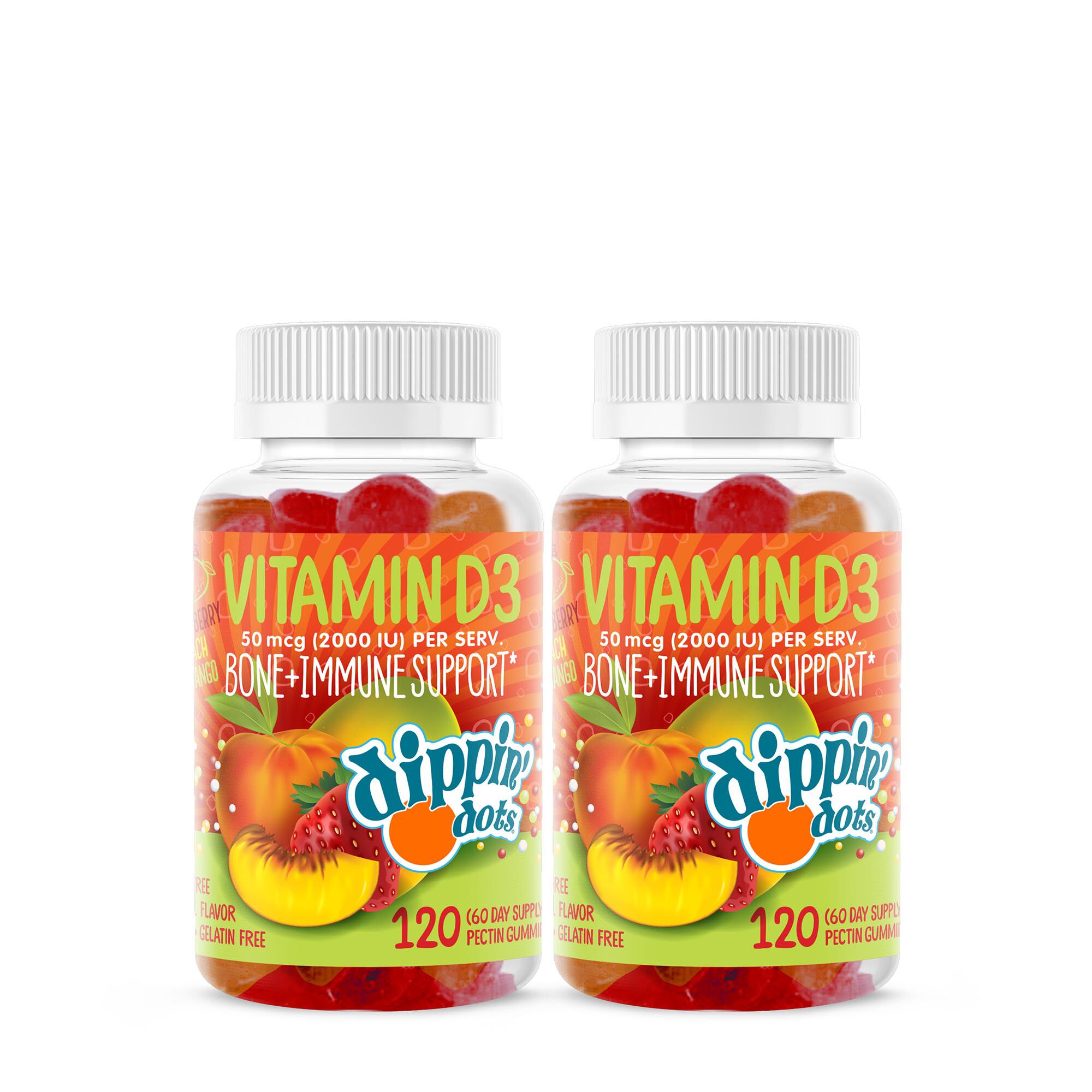 Dippin' Dots® Vitamin D3 50mcg Gummies - Dippin' Dots® Strawberry Peach Mango - Twin Pack (60 Servings Each)