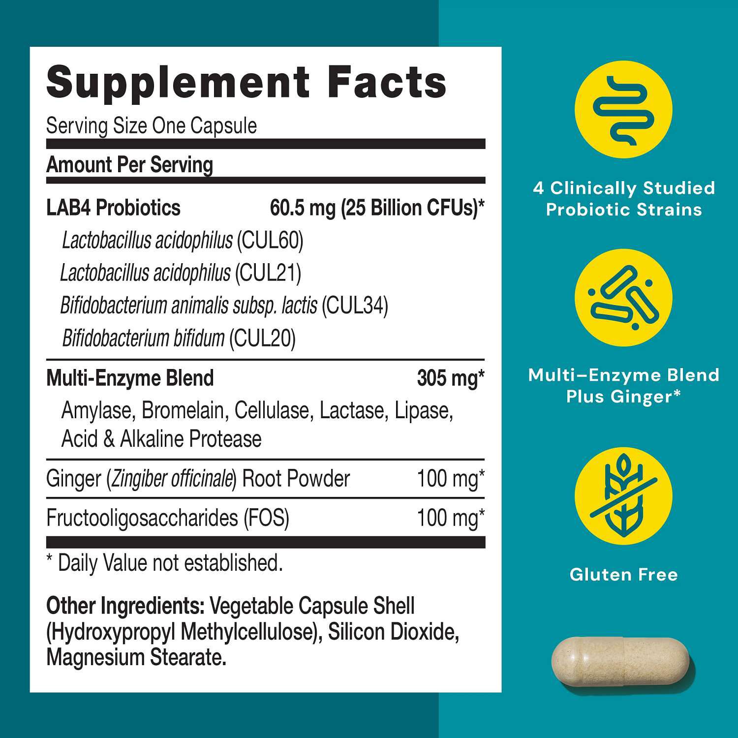 Gut Health Probiotic Plus Enzymes  25 billion CFUs - 60 Capsules (60 Servings)