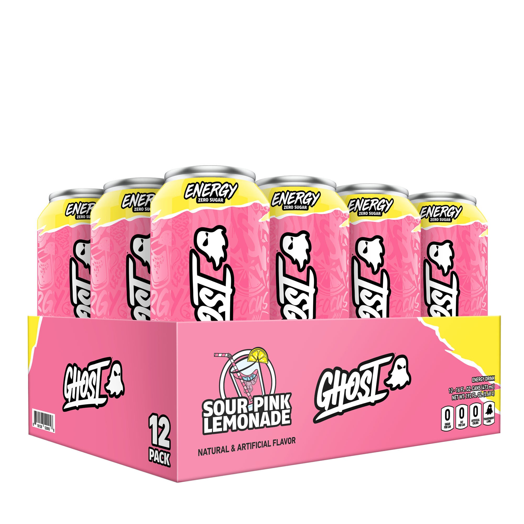 GHOST Energy Drink Vegan - Sour Pink Lemonade 16Oz. (12 Cans) Zero Sugar