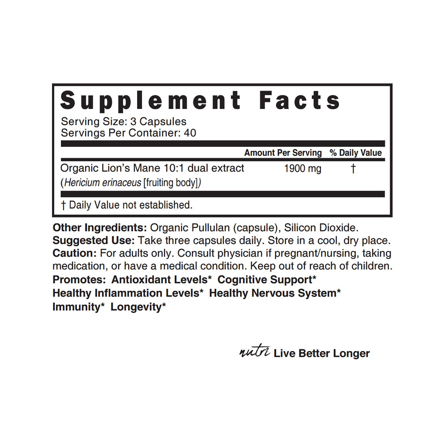 Lion's Mane 1900mg - 120 Organic Capsules (40 Servings)  | GNC