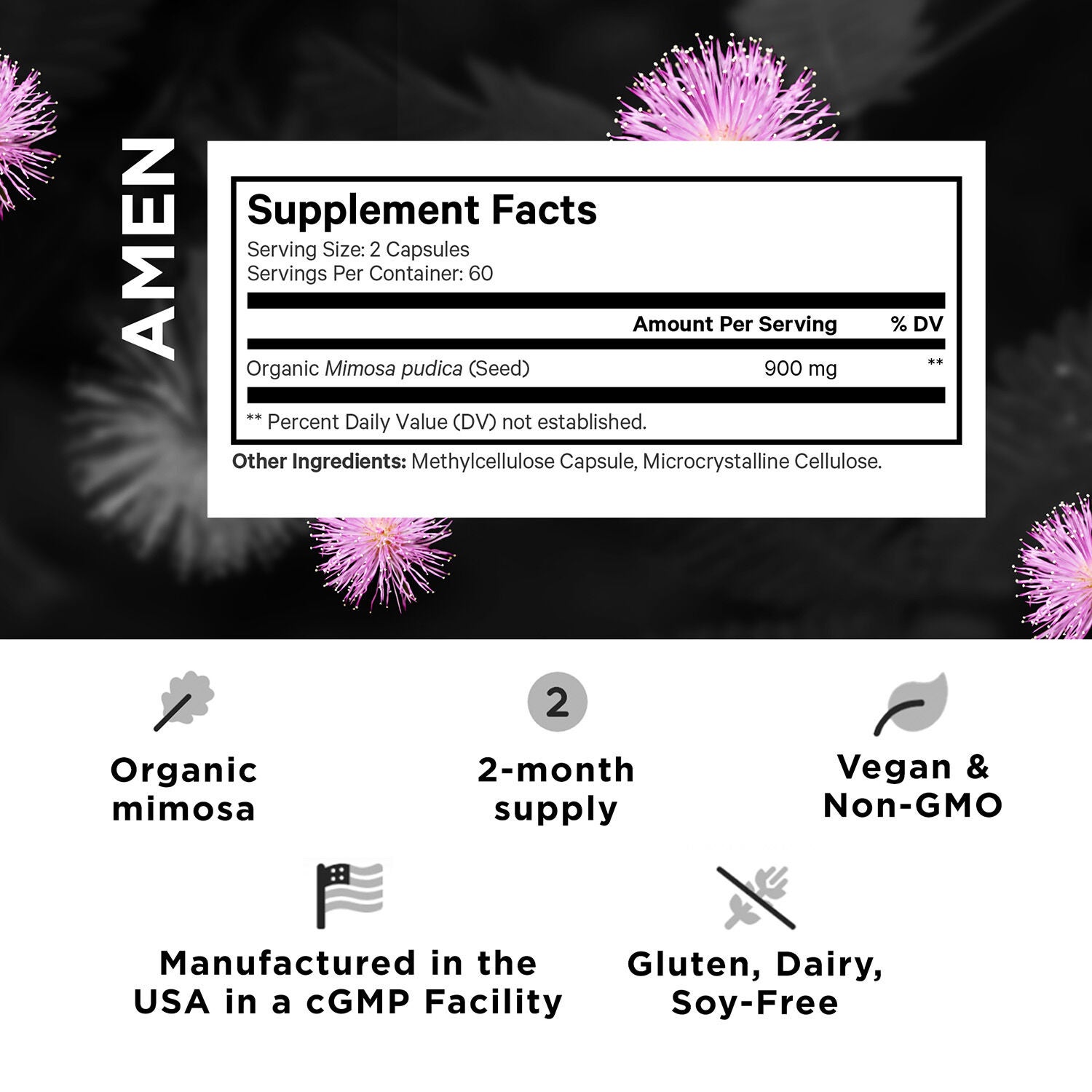 Amen Mimosa Pudica Seed 900 mg - Immune and Digestive Support - 120 Vegetable Capsules (60 Servings)  | GNC