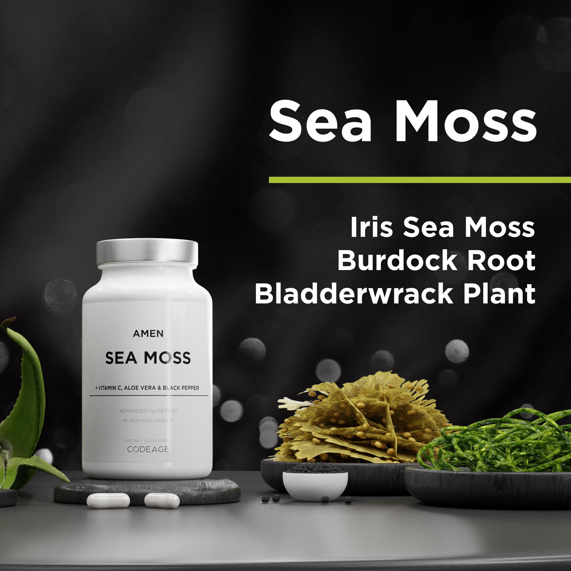 AMEN Sea Moss + Vitamin C - Aloe Vera & Black Pepper - 90 Vegetable Capsules (30 Servings)