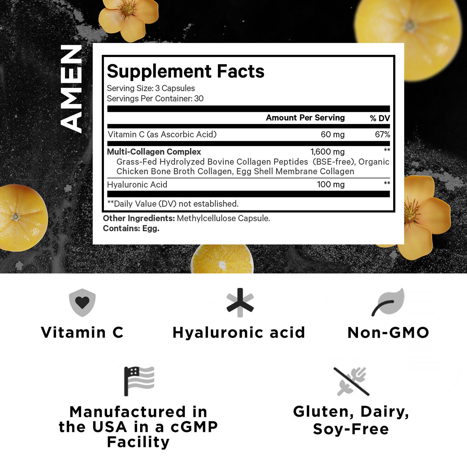 Amen Collagen Hydrolyzed Multi Collagen Peptides + Vitamin C - 90 Veggie Capsules (30 Servings)  | GNC