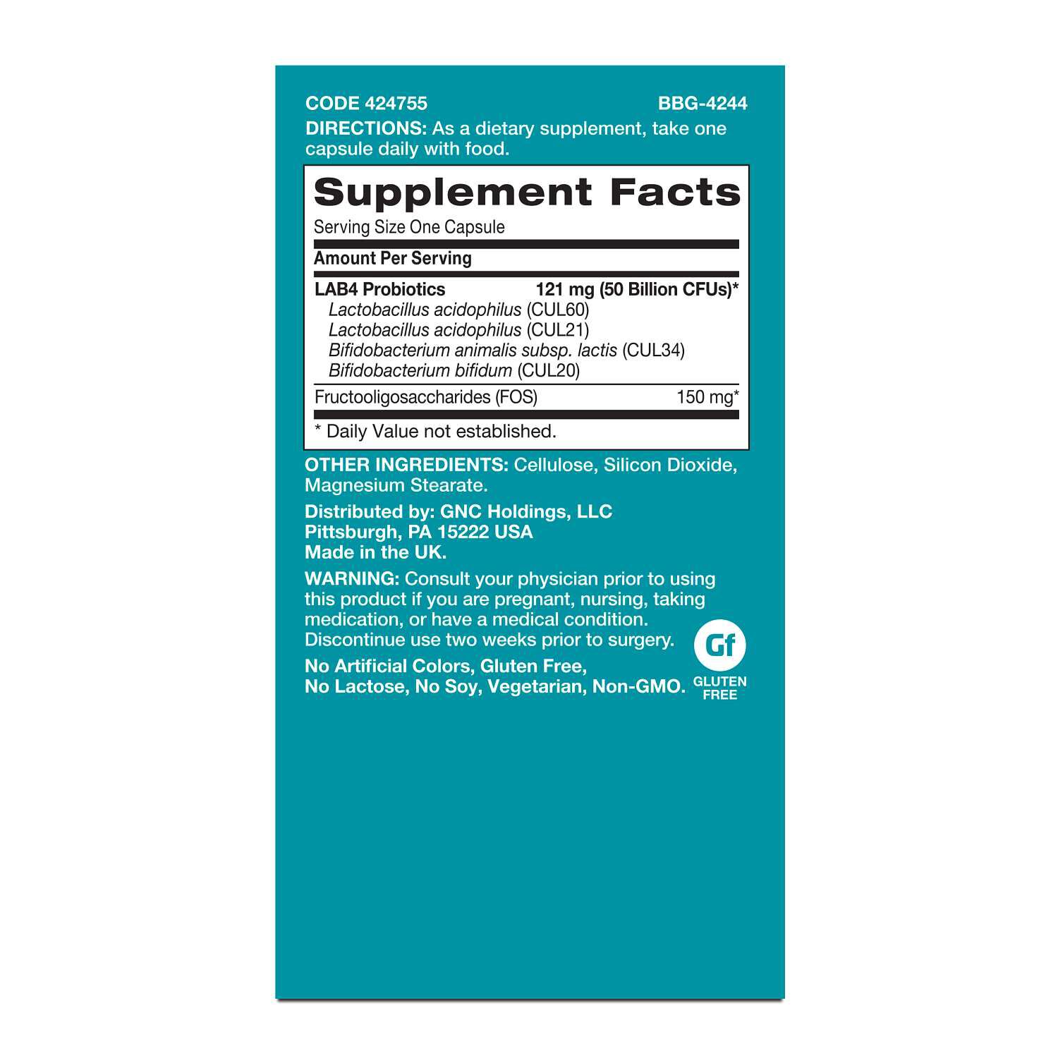 Gut Health 50 Billion Probiotic - 60 Vegetarian Capsules (60 Servings)  | GNC