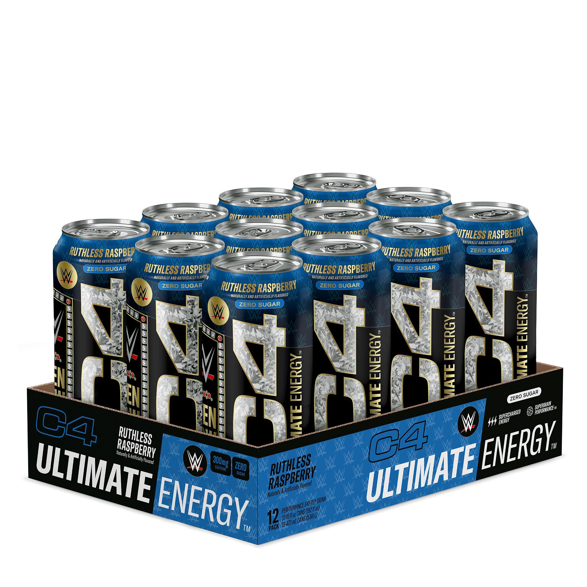 Cellucor C4 Ultimate Energy Drink - Ruthless Raspberry - 16Oz. (12 Cans) - Zero Sugar