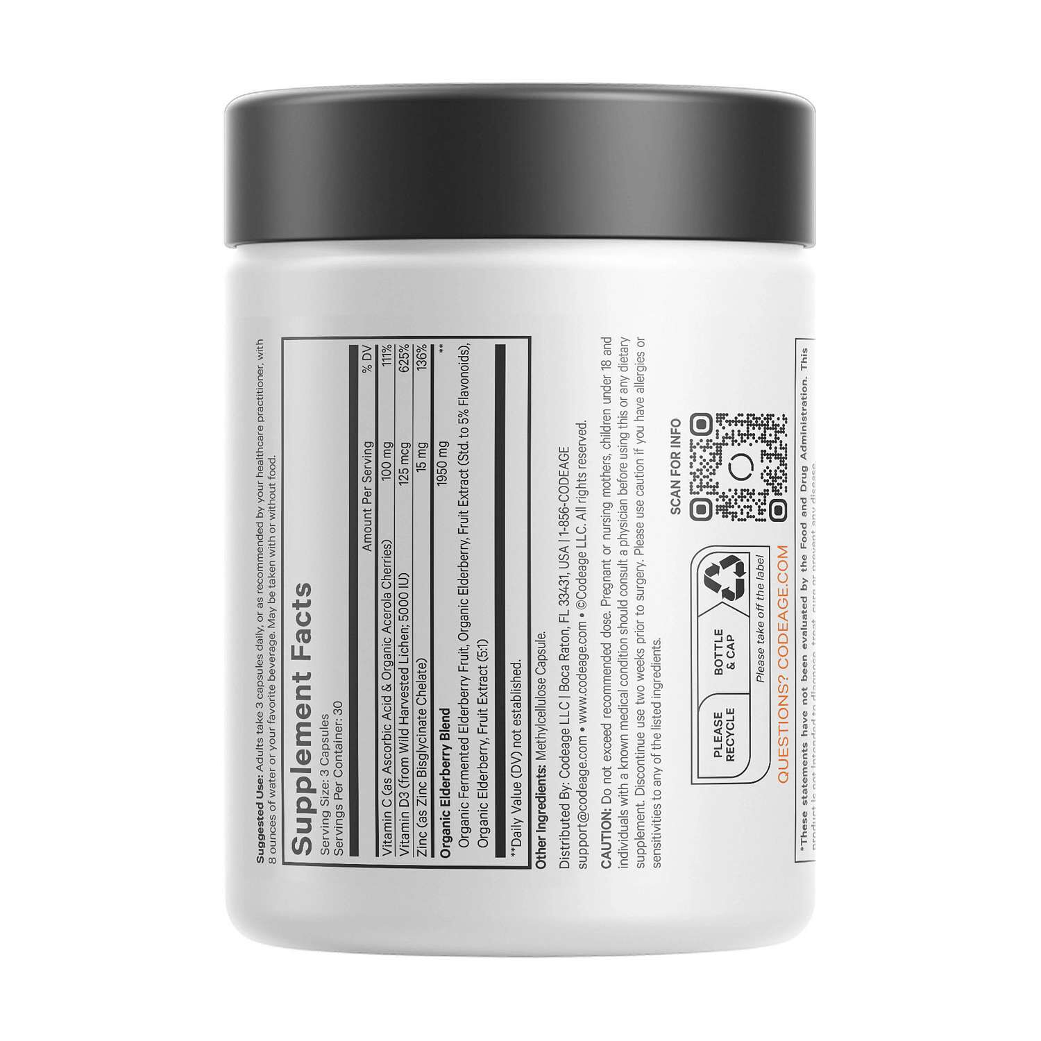 Elderberry Immune Complex - Daily Vitamin C Vegan D3 & Zinc Supplement - 90 Capsules (30 Servings)