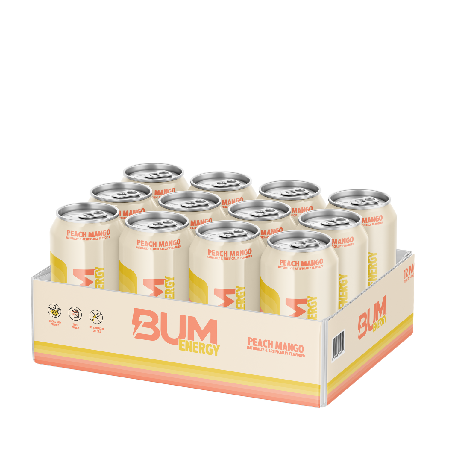 Bum Energy Energy Drink - Peach Mango - 12Oz. (12 Cans) - Zero Sugar