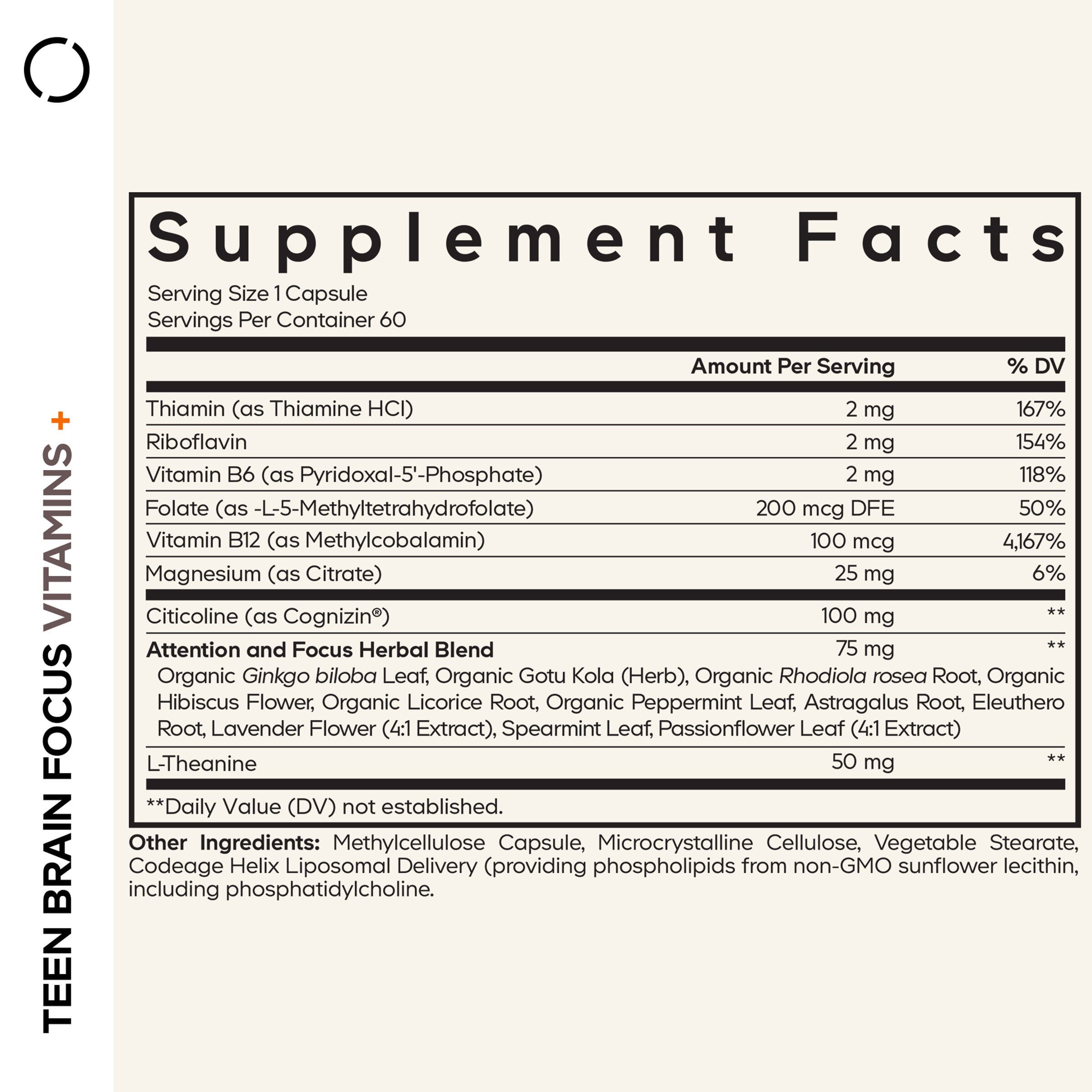 Teen Brain Focus Vitamins+ - 60 Vegetable Capsules (60 Servings)