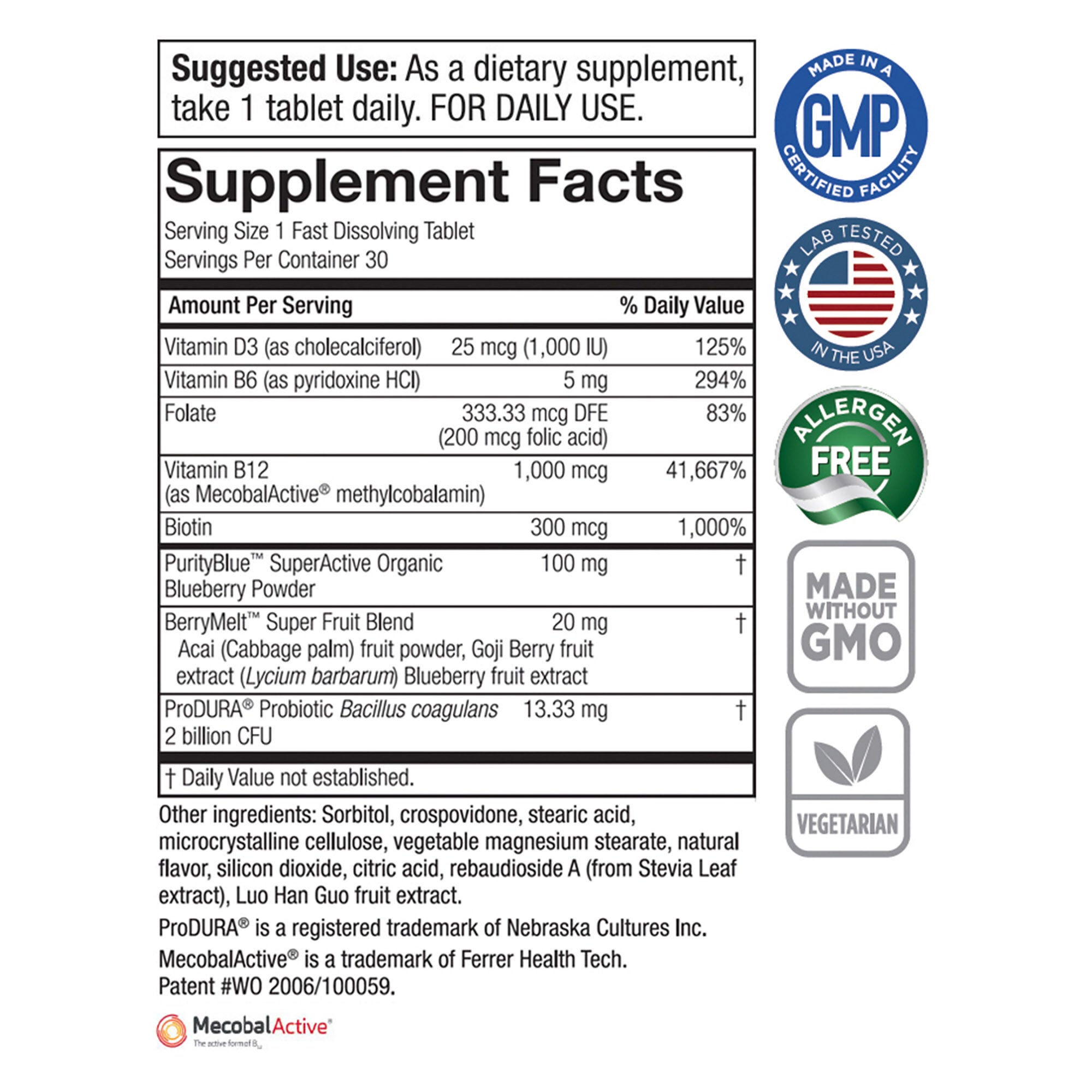Blueberry Probiotic B12 Energy Melt - 30 Tablets (30 Servings)