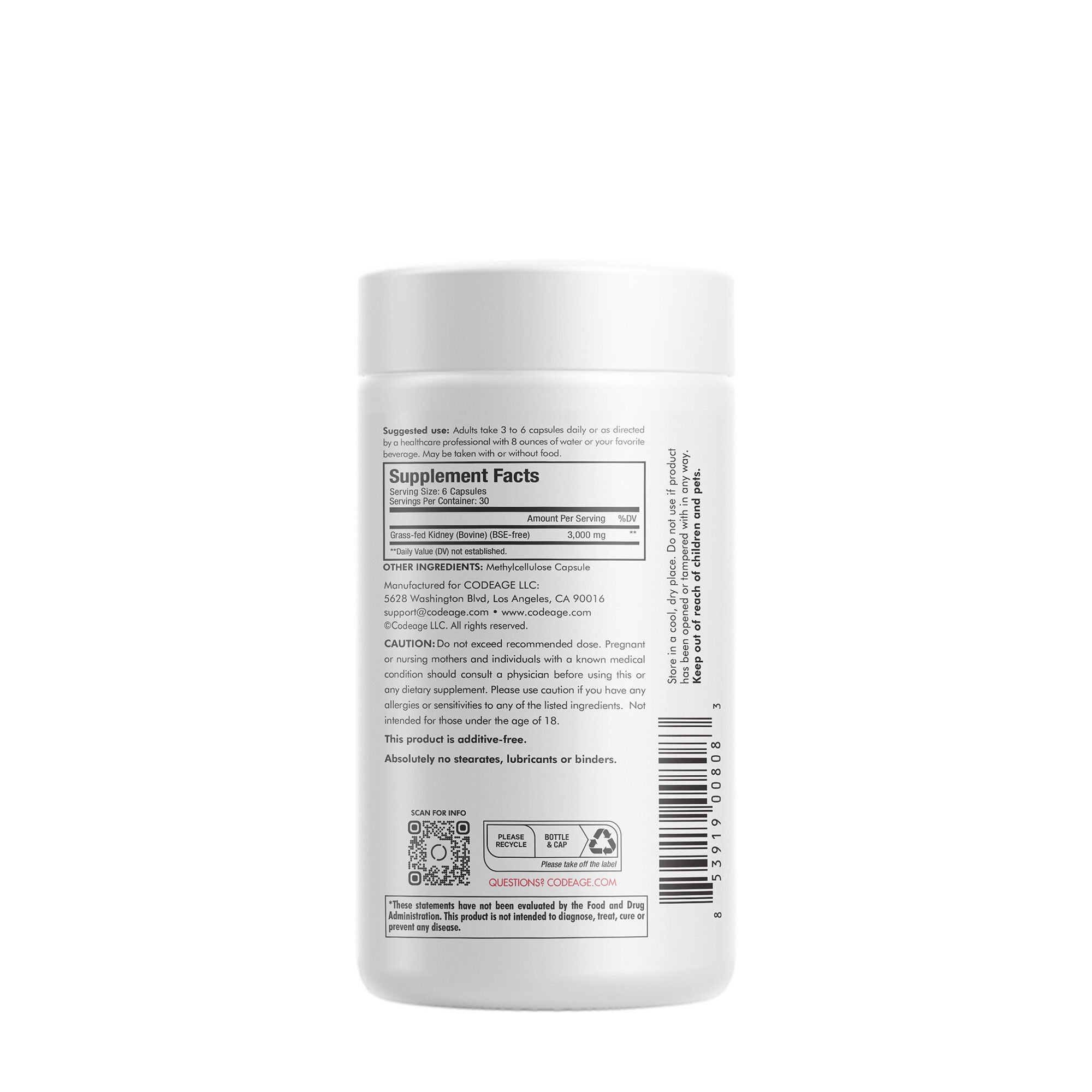 Beef Kidney Supplement - Grass Fed - 180 Capsules (30 Servings)