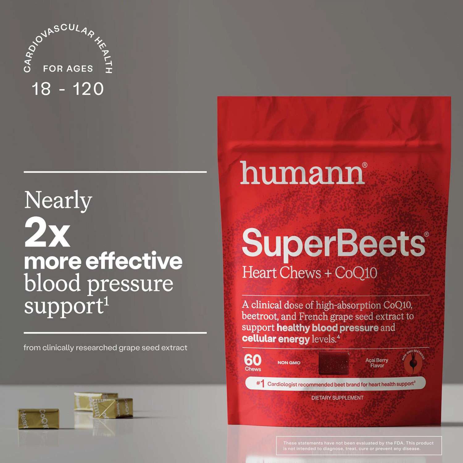 SuperBeets Advanced Heart Chews Blood Pressure Support - Acai Berry - 60 Chews (30 Servings)