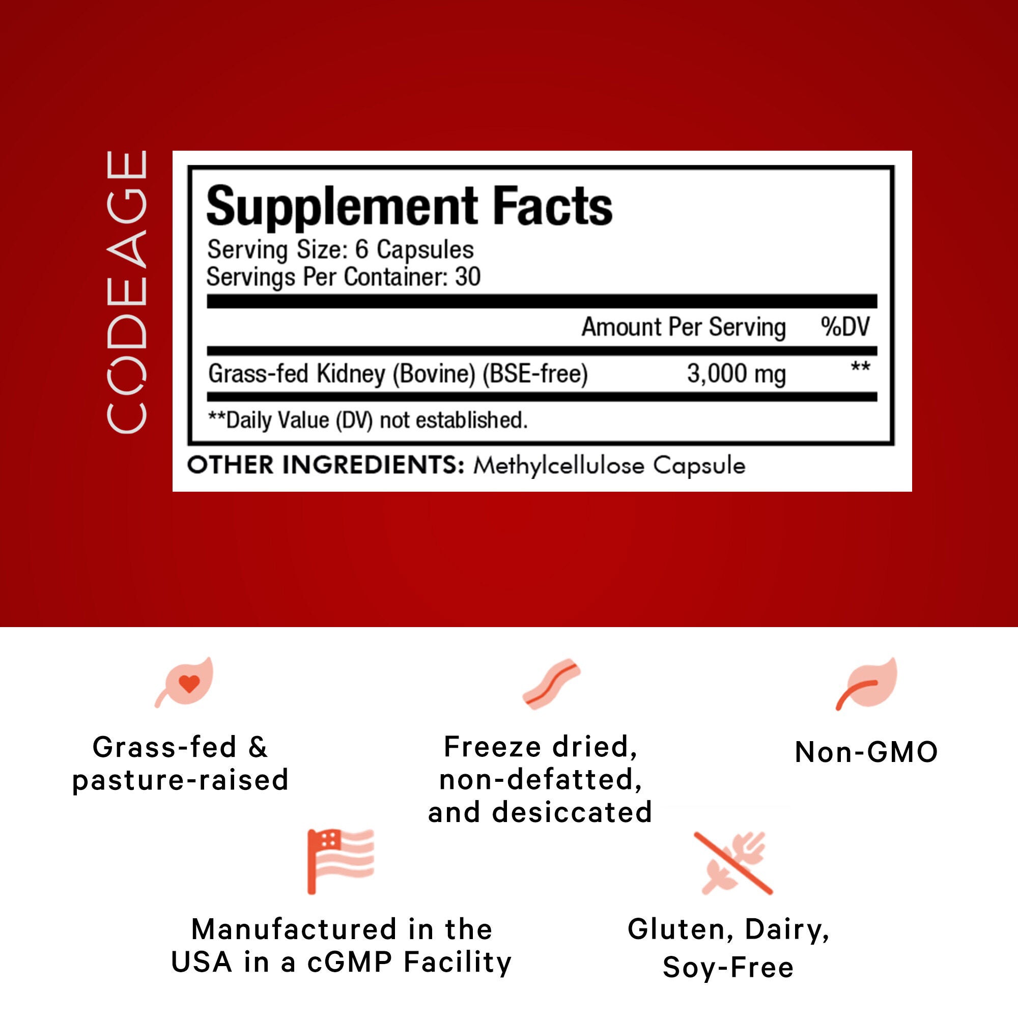 Beef Kidney Supplement - Grass Fed - 180 Capsules (30 Servings)