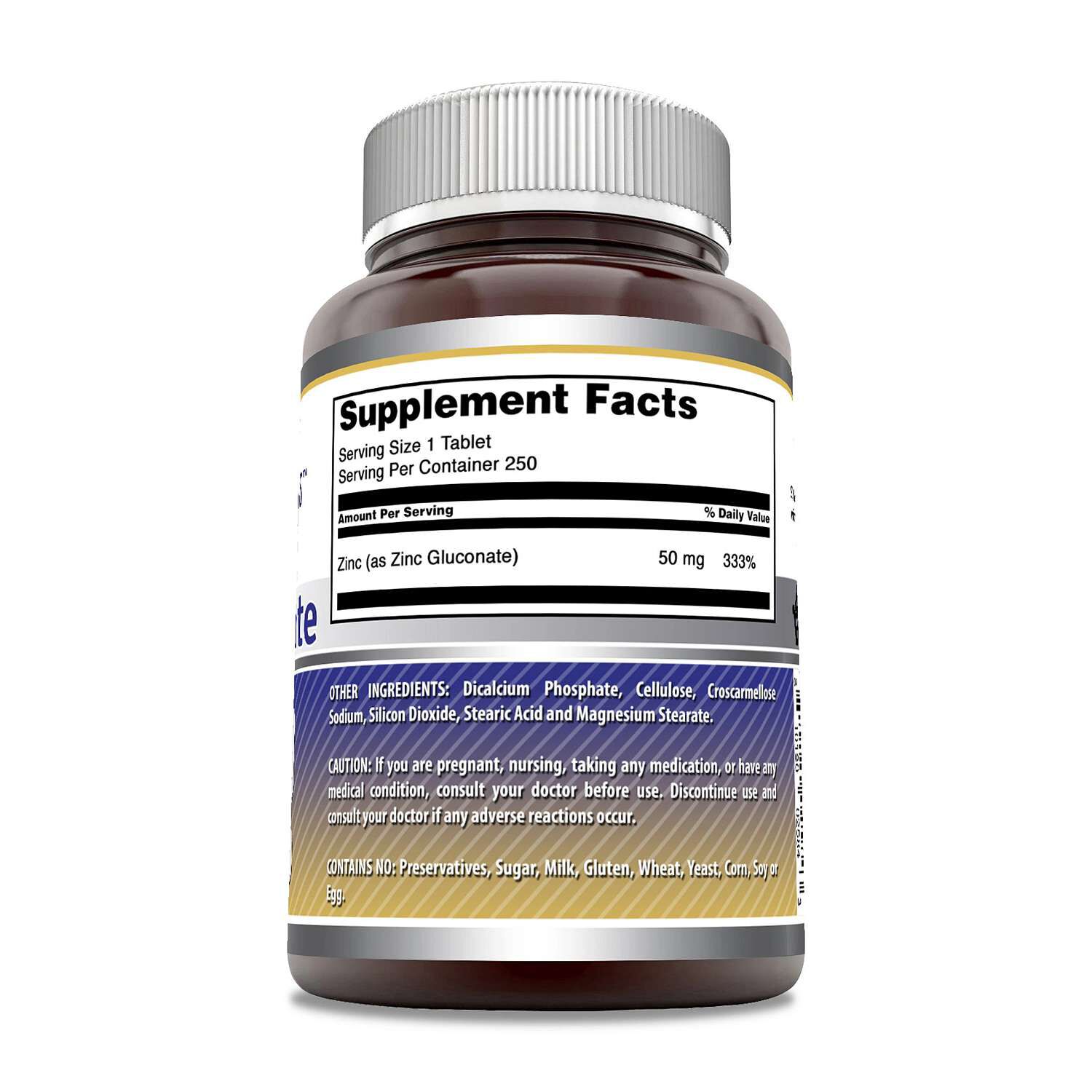 Zinc Gluconate 50mg - 250 Tablets (250 Servings)