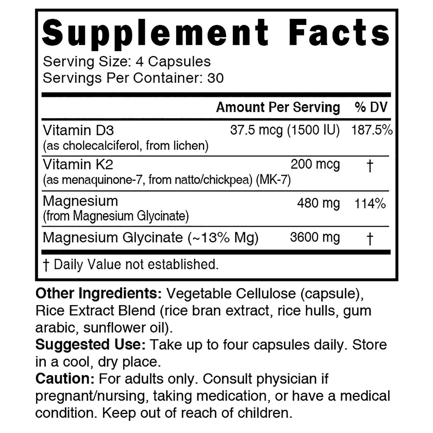D3 &amp; K2 Magnesium Glycinate - 120 Vegan Capsules (30 Servings)  | GNC