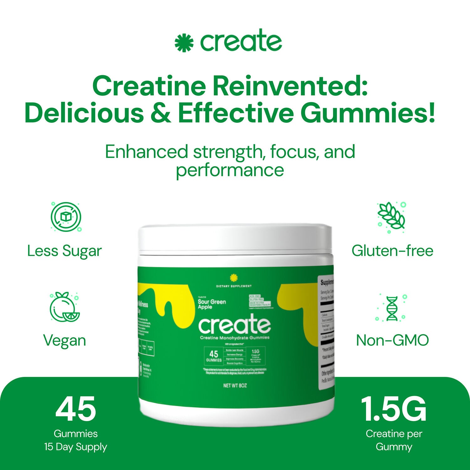 Creatine Monohydrate Gummies - Sour Green Apple - 45 Gummies (15 Servings)