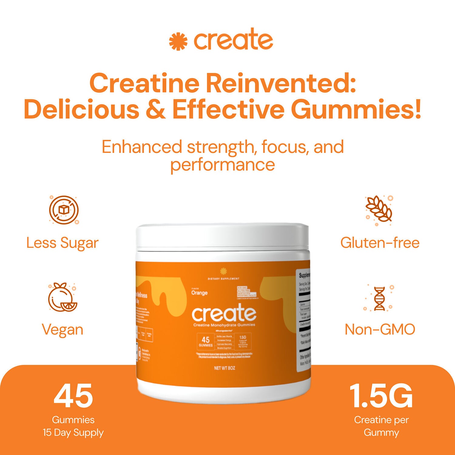 Creatine Monohydrate Gummies - Orange - 45 Gummies (15 Servings)  | GNC