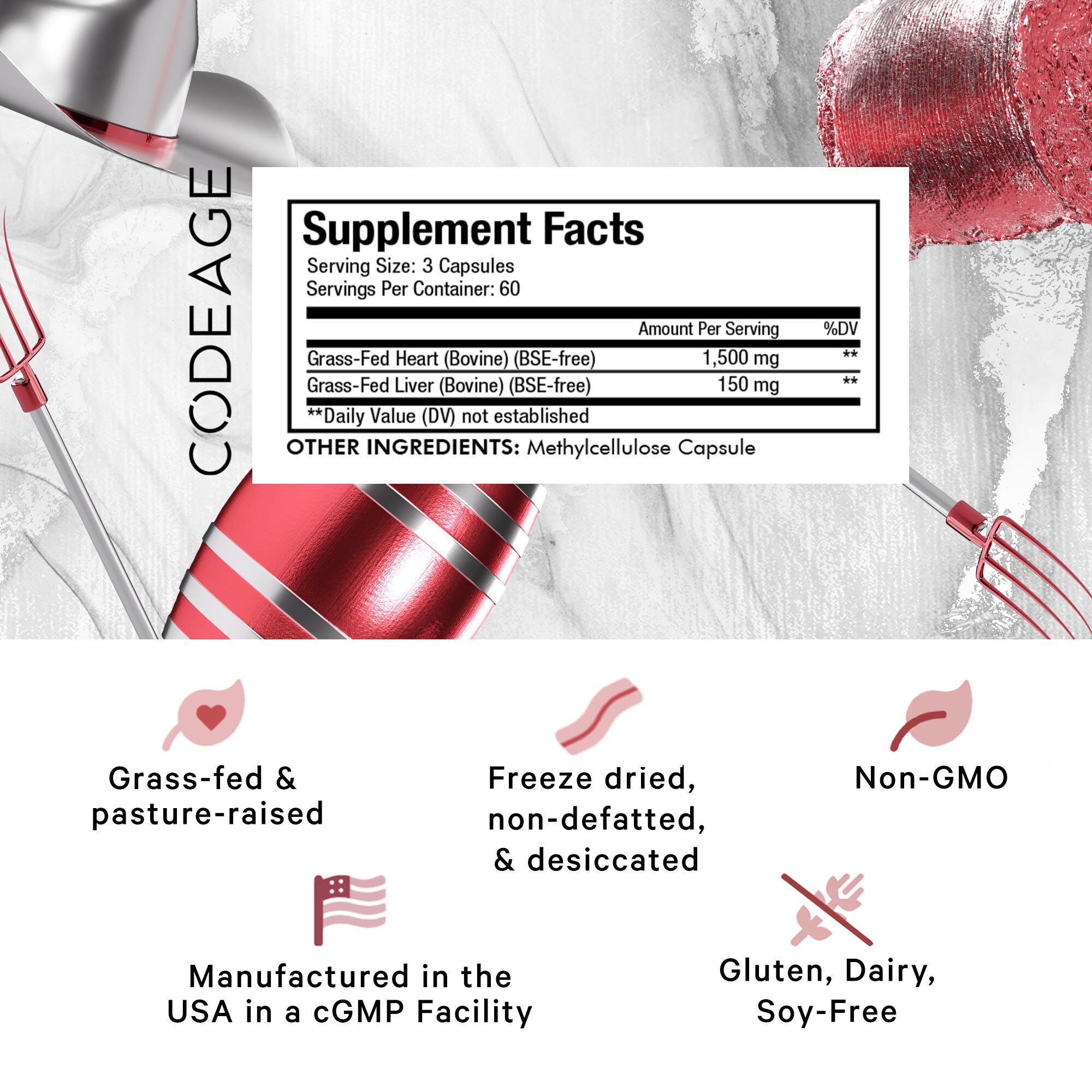 Grass Fed Beef Heart - 180 Capsules (60 Servings)  | GNC