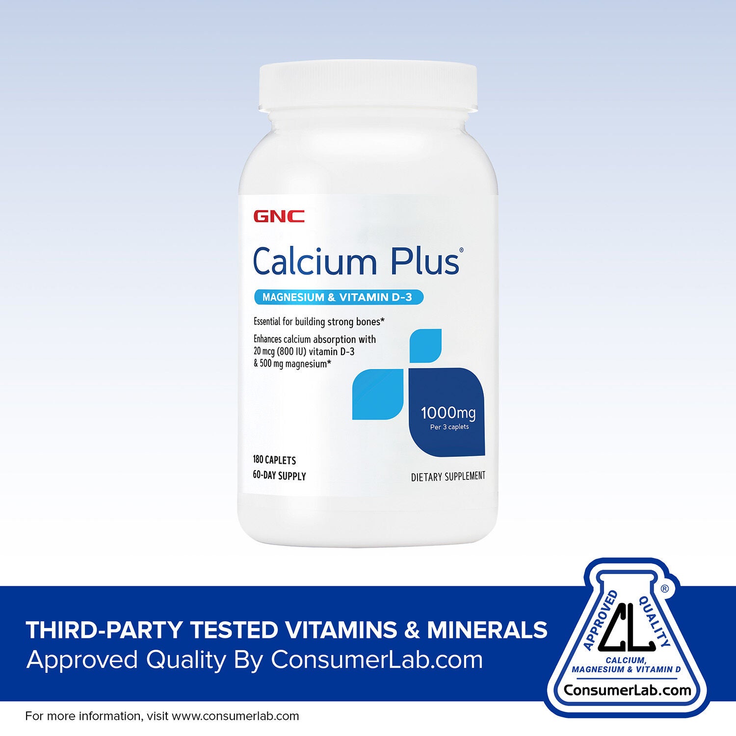 Calcium Plus&reg; Magnesium &amp; Vitamin D-3 1000 mg - 180 Caplets (60 Servings)  | GNC
