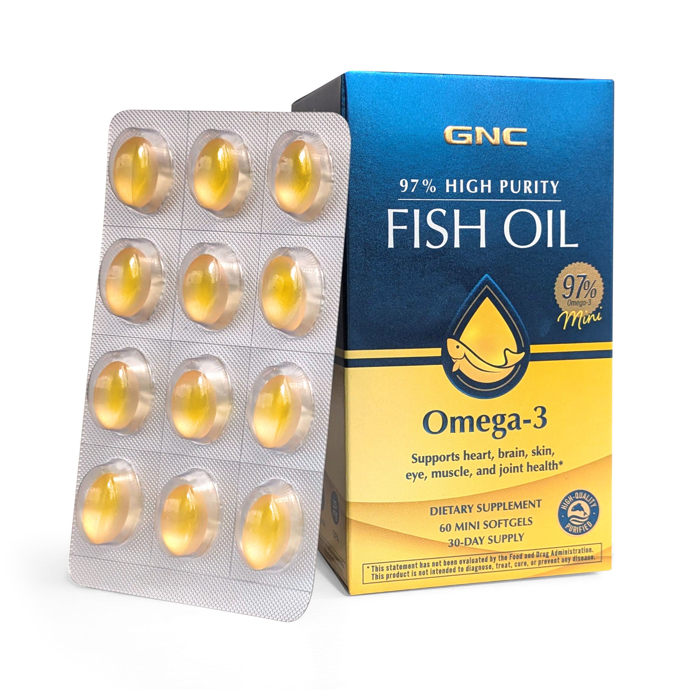 97% High Purity Fish Oil Omega-3 - 60 Mini Softgels (30 Servings)
