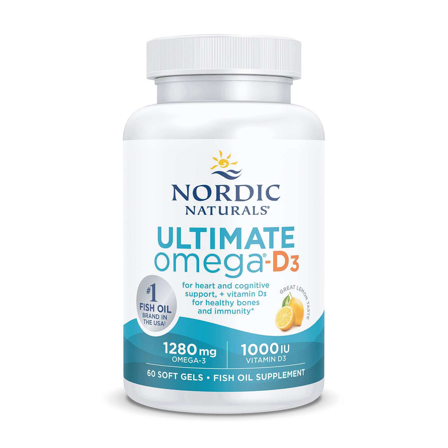 Nordic Naturals Ultimate Omega フィッシュオイル レモン味 ソフトジェル 1280mg 180粒 Nordic Naturals® Ultimate® Omega-D3 - Lemon | GNC